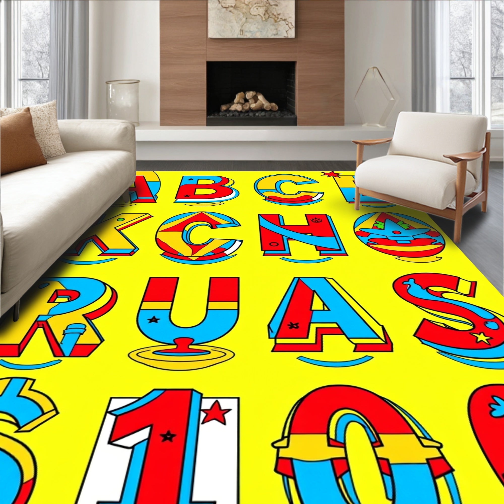Bold Red Yellow Blue Alphabet Graphic Rug