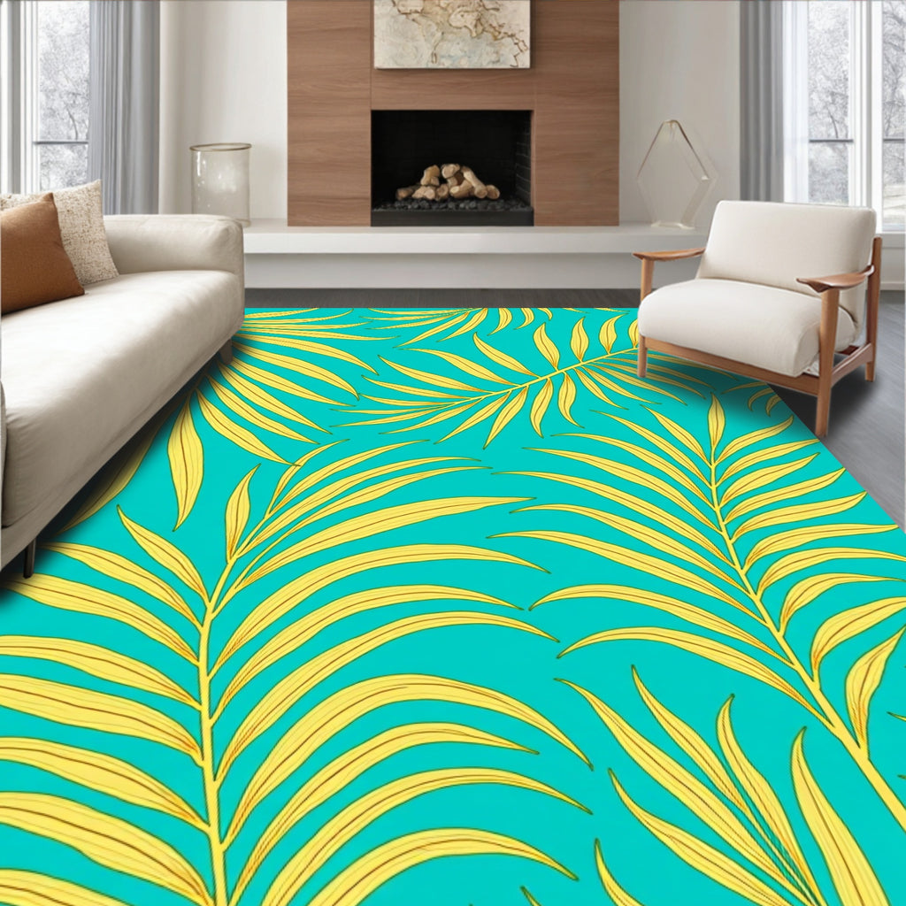 Vibrant Yellow Palm Frond Teal Background Rug