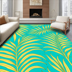 Vibrant Yellow Palm Frond Teal Background Rug