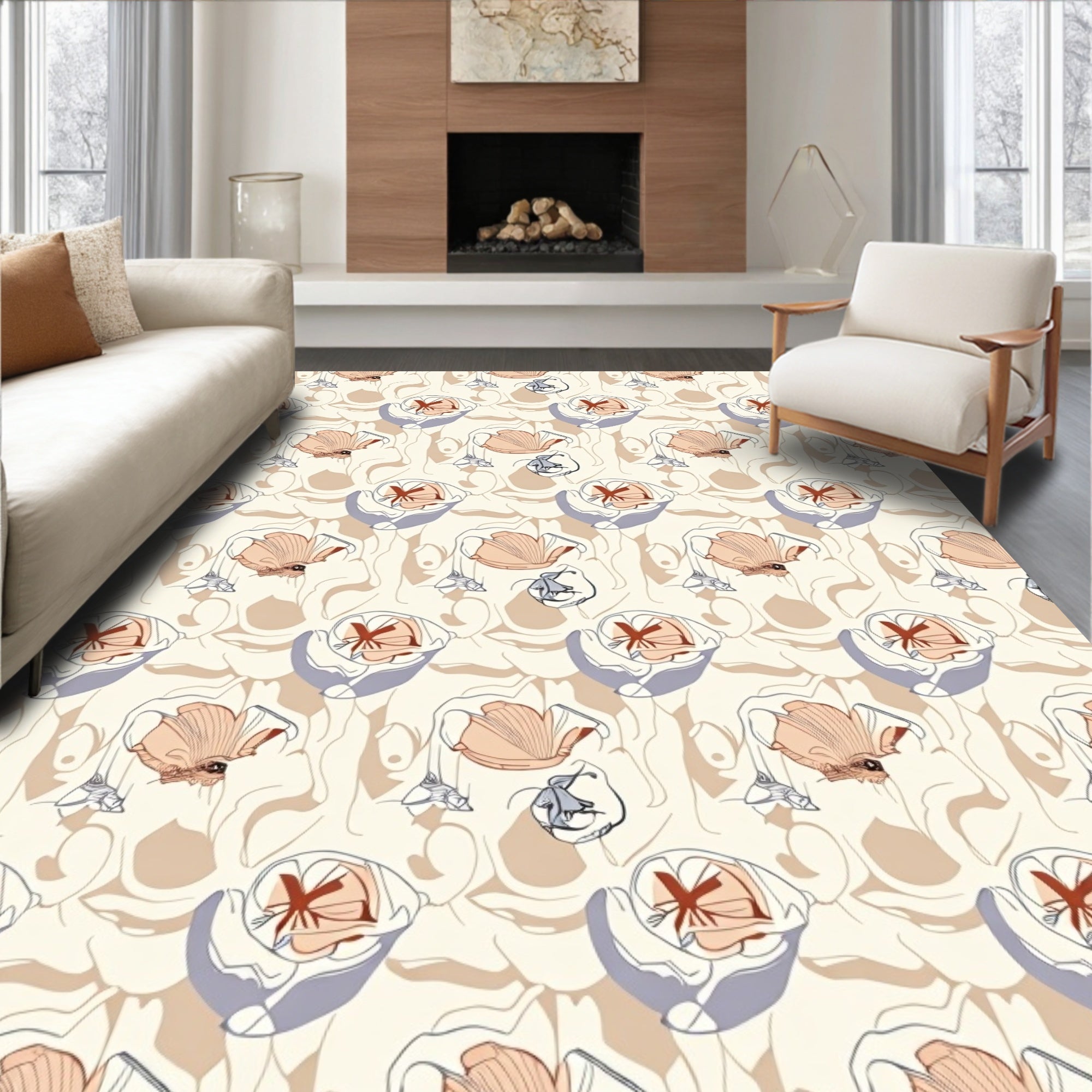 Pale Coral Abstract Floral Swirl Rug