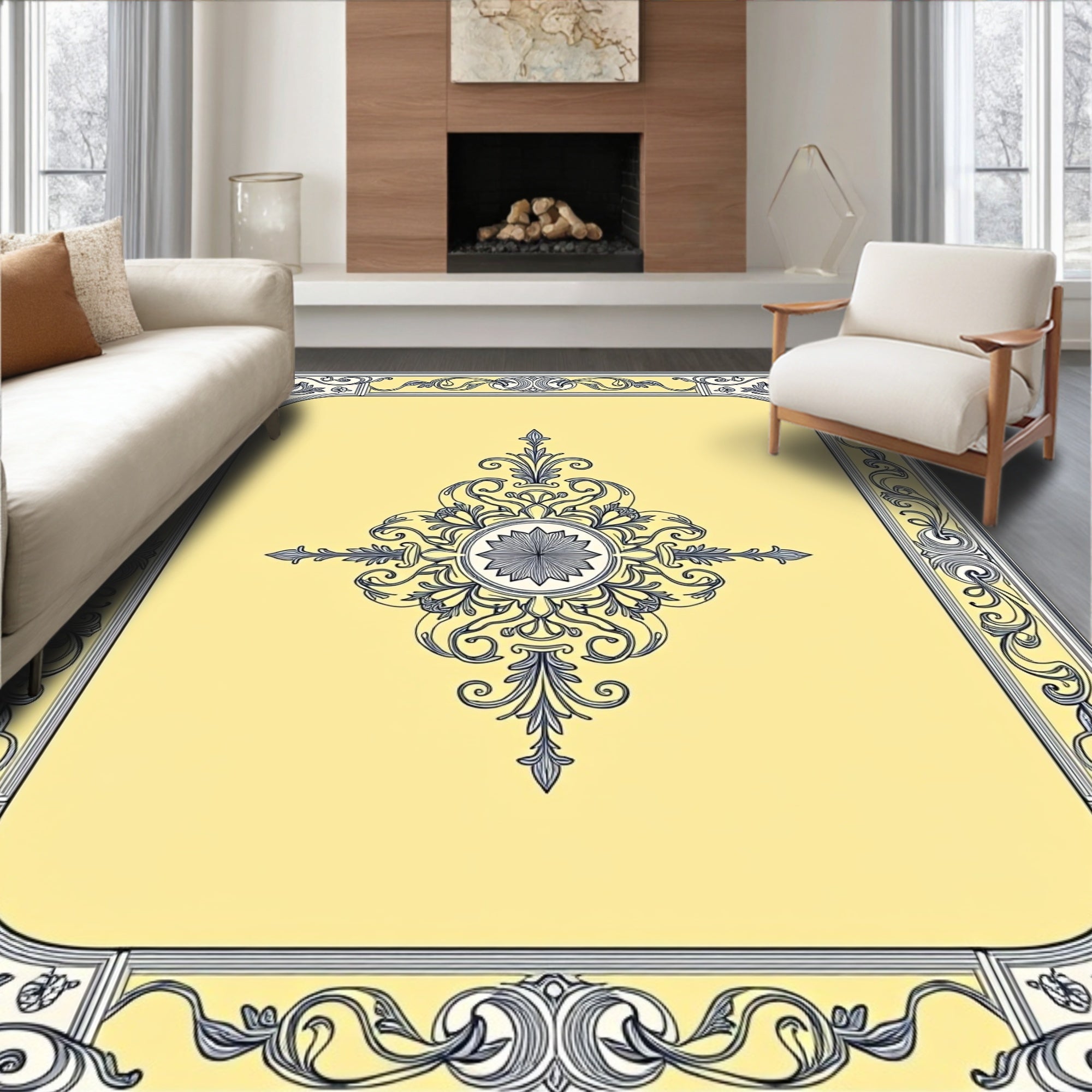 Golden Yellow Ornate Filigree Scroll Rug