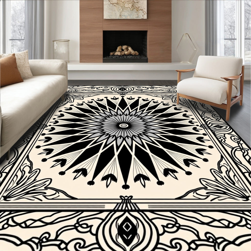 Black and Gray Sunburst Medallion Rug