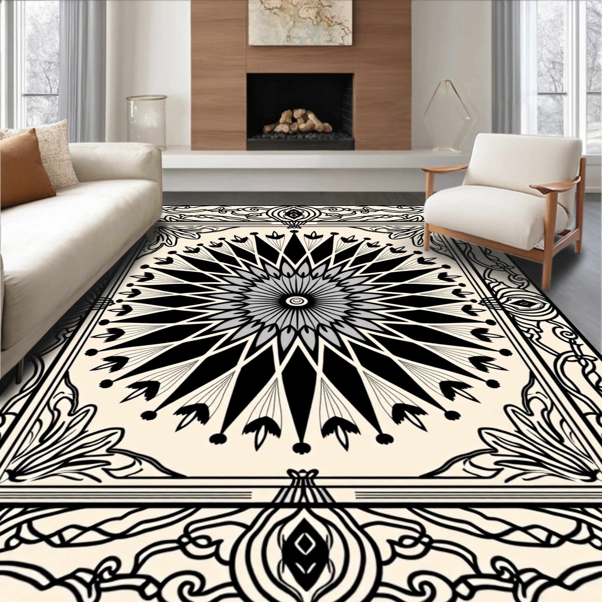 Black and Gray Sunburst Medallion Rug