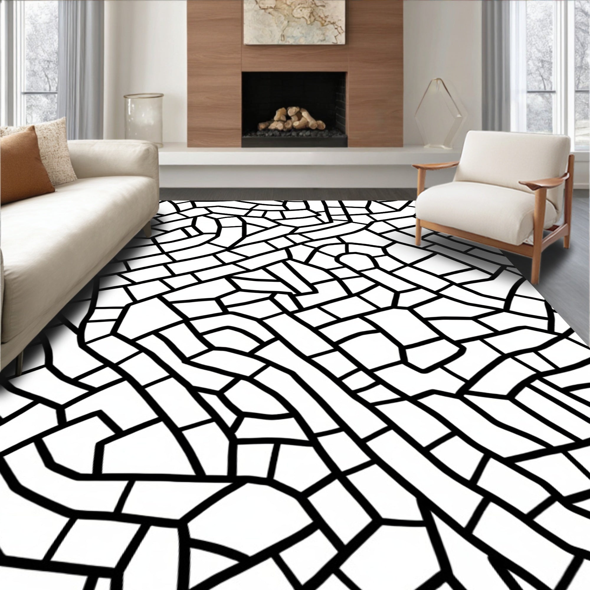 Black White Intersecting Lines Rug