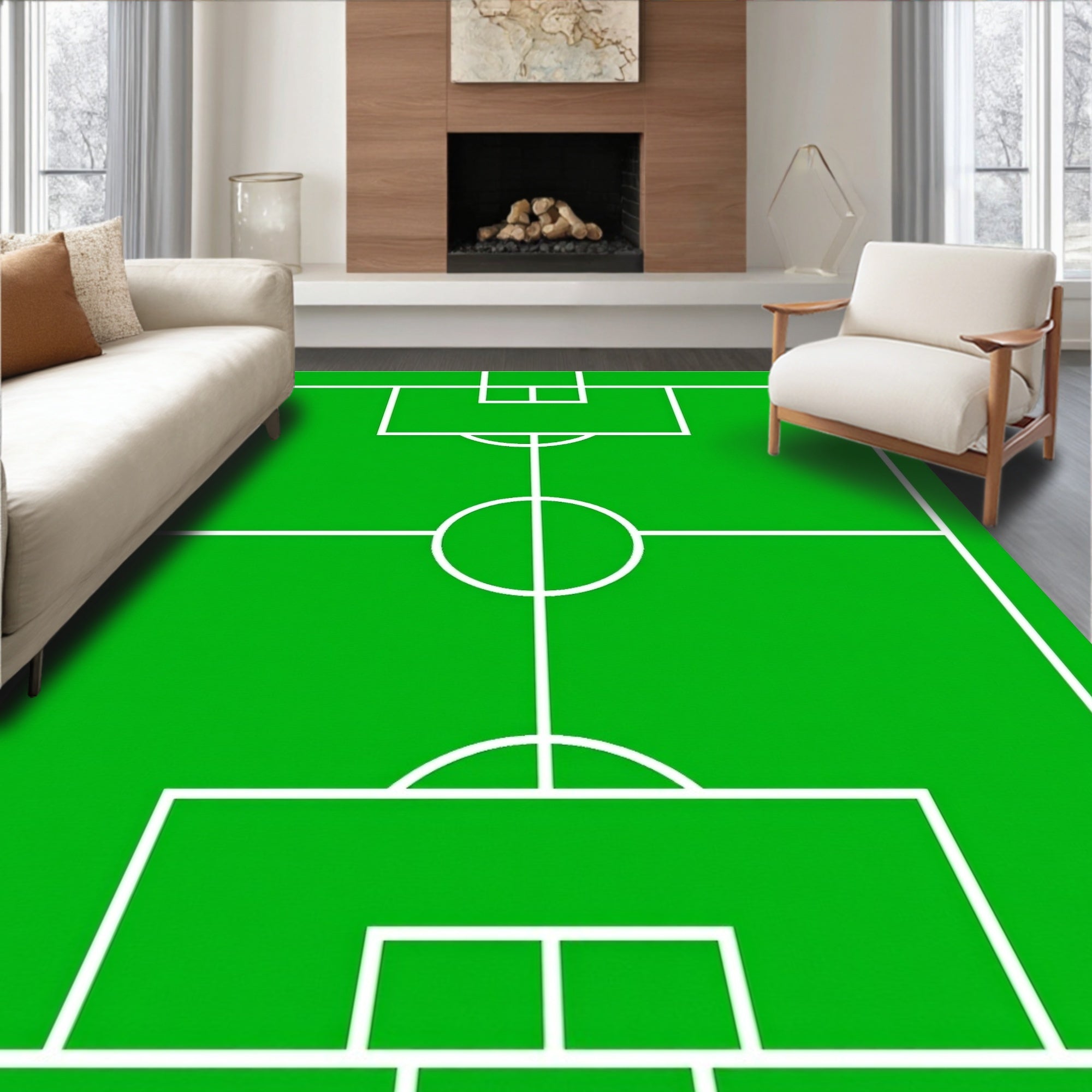 Green Soccer Field Geometric Rug