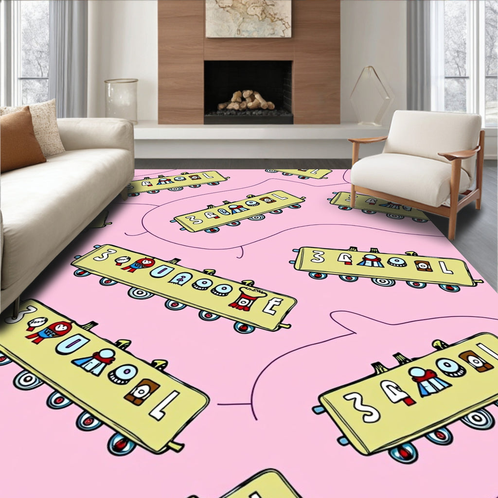 Whimsical Yellow Train Cars Pink Background Rug