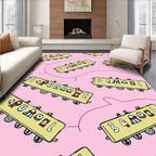 Whimsical Yellow Train Cars Pink Background Rug