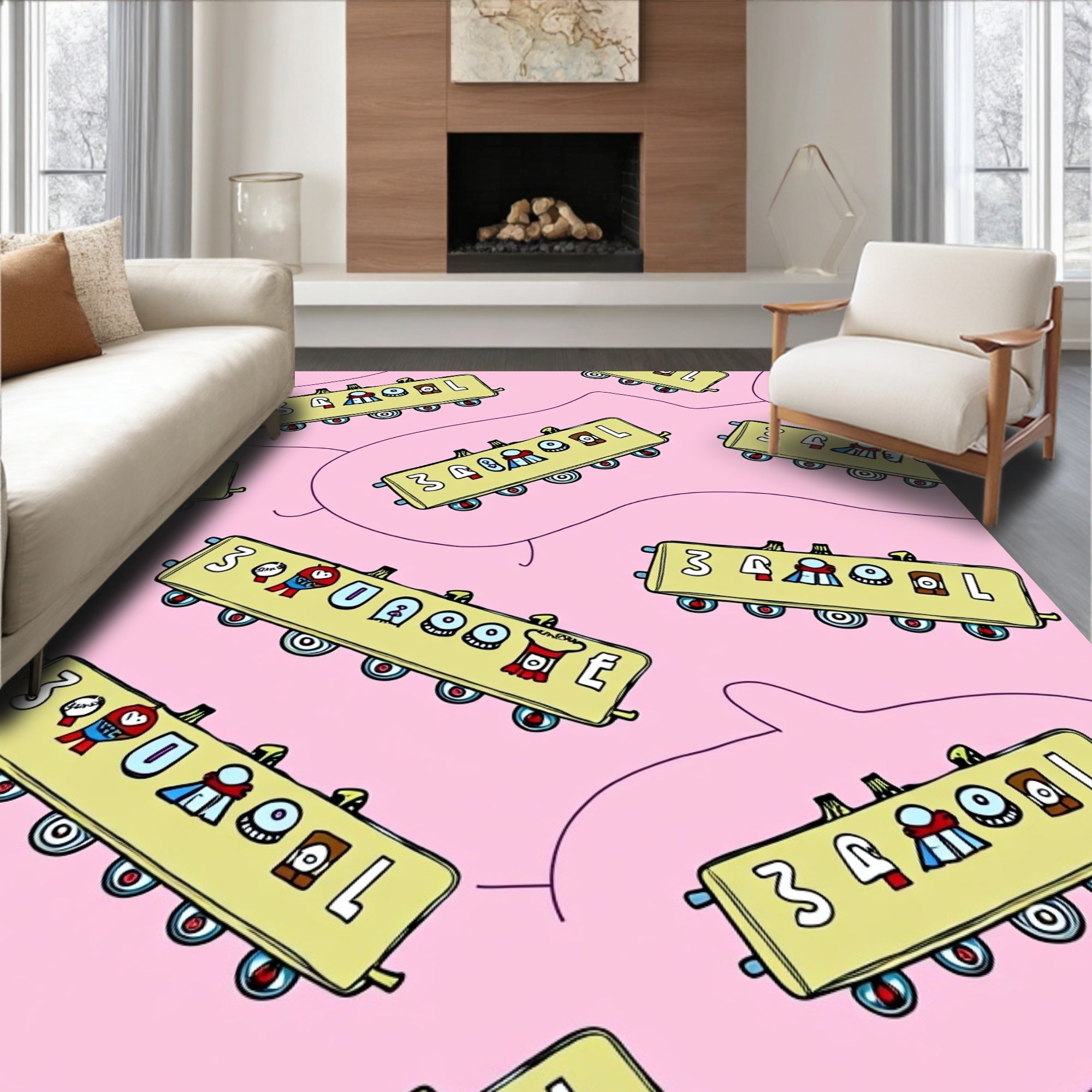 Whimsical Yellow Train Cars Pink Background Rug