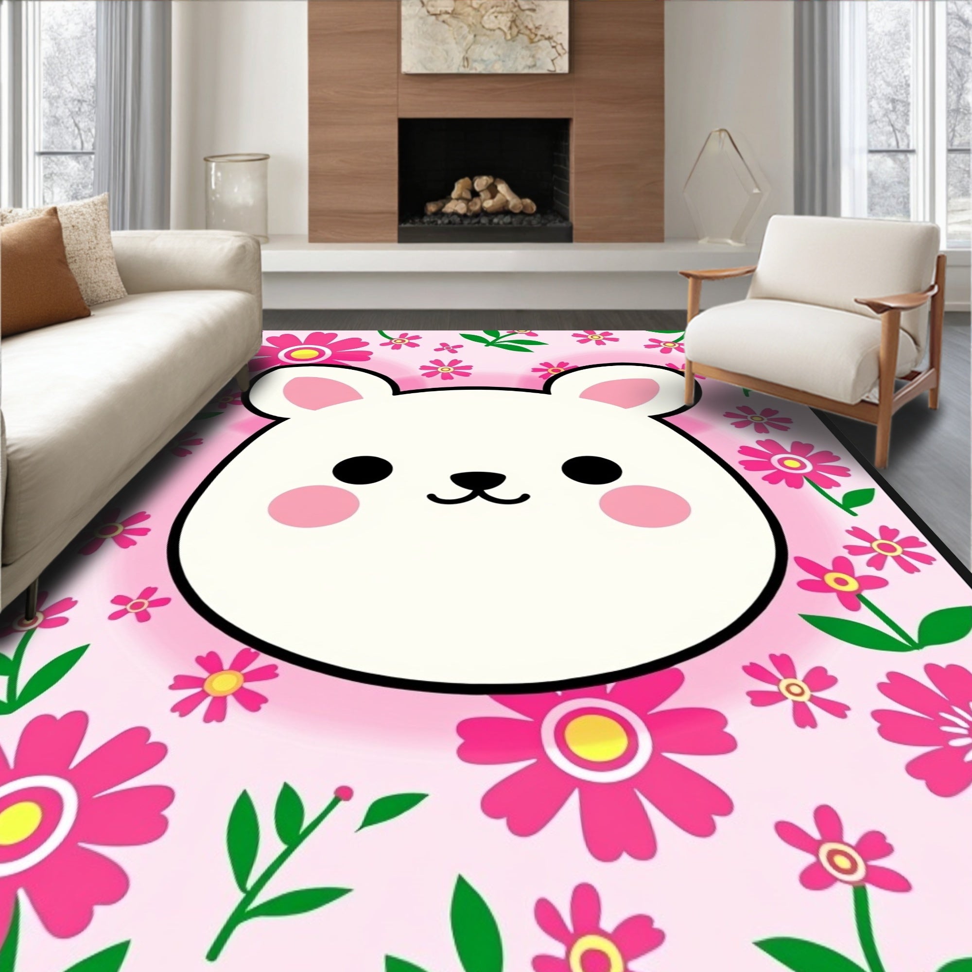 Cute White Bear Pink Floral Background Rug