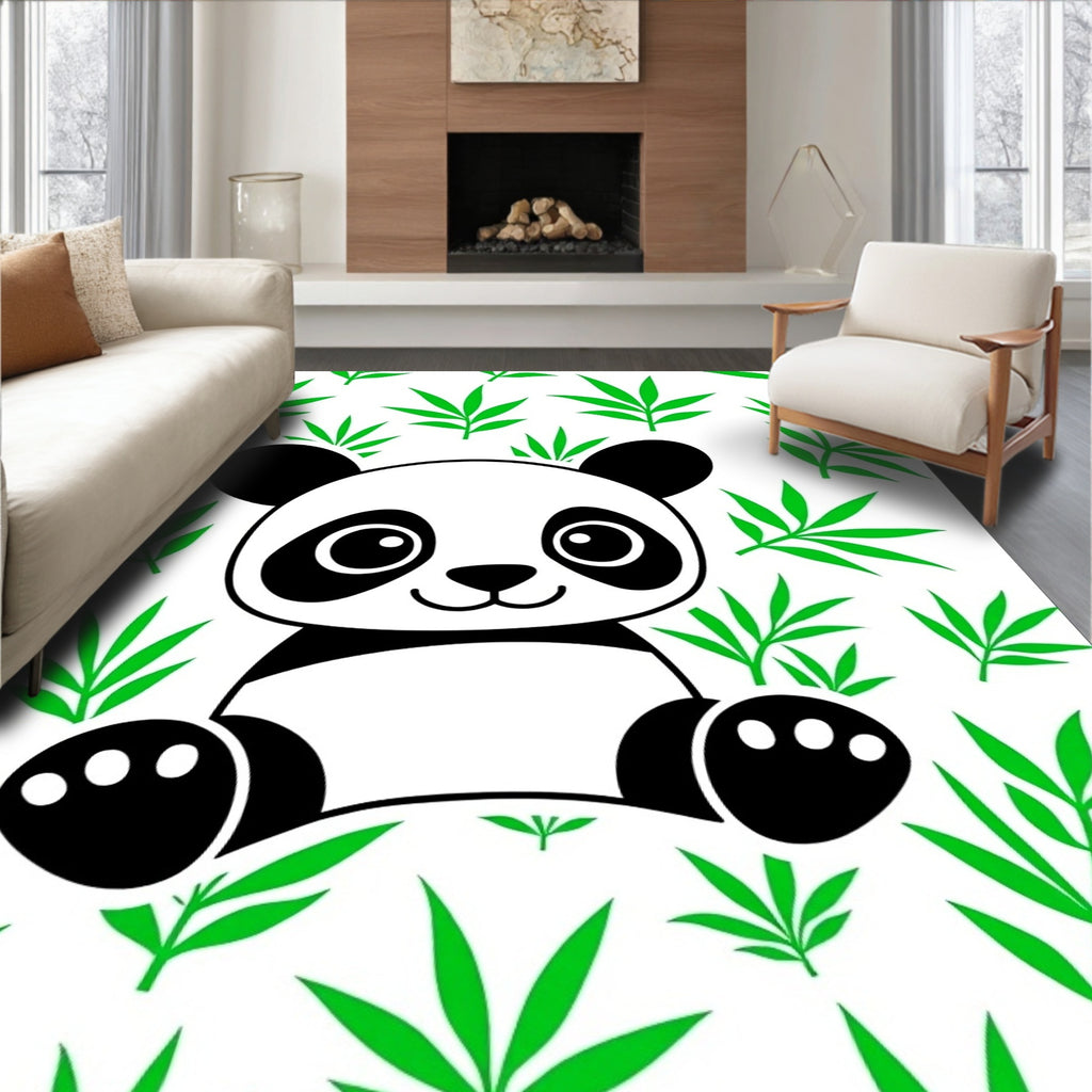 Cute Panda Among Green Bamboo Leaves Rug
