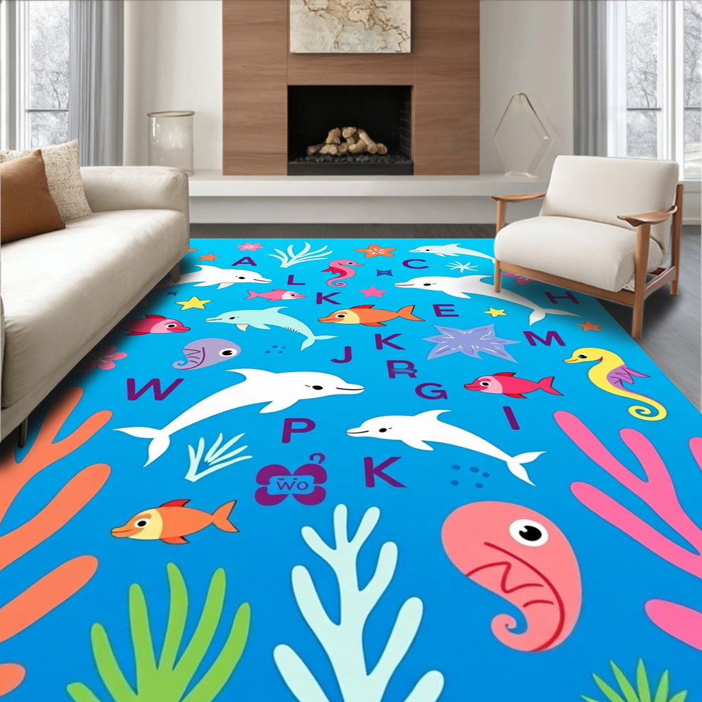 Playful Underwater Alphabet with Dolphins Rug