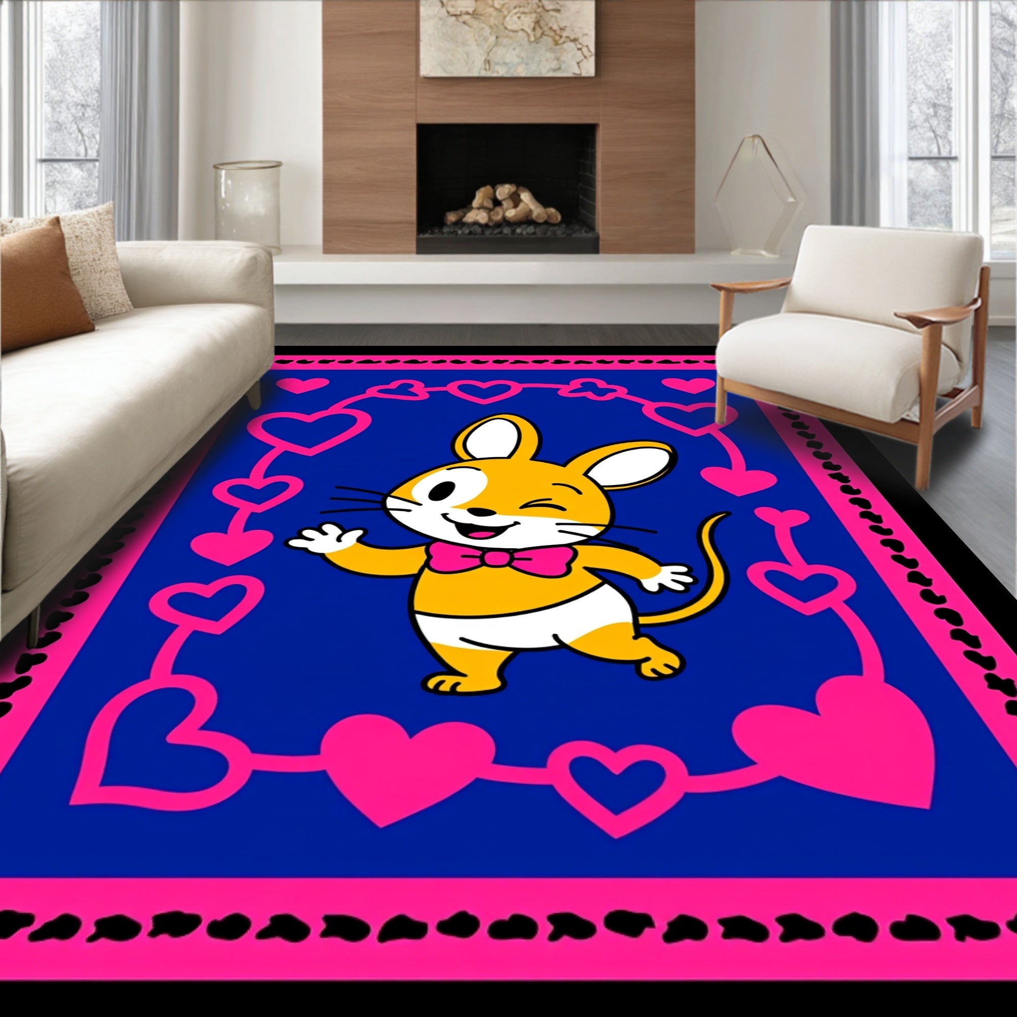 Whimsical Yellow Mouse Pink Hearts Rug