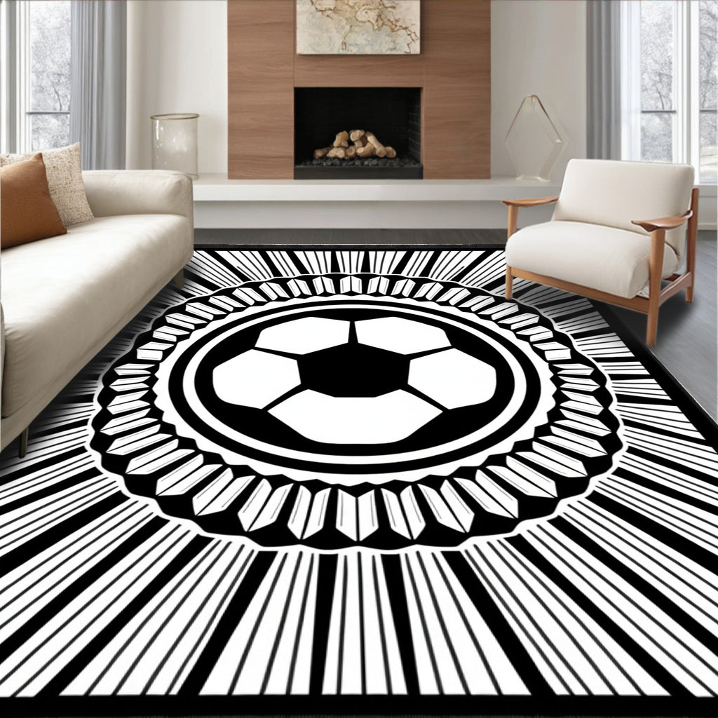 Monochromatic Soccer Ball Sunburst Rug