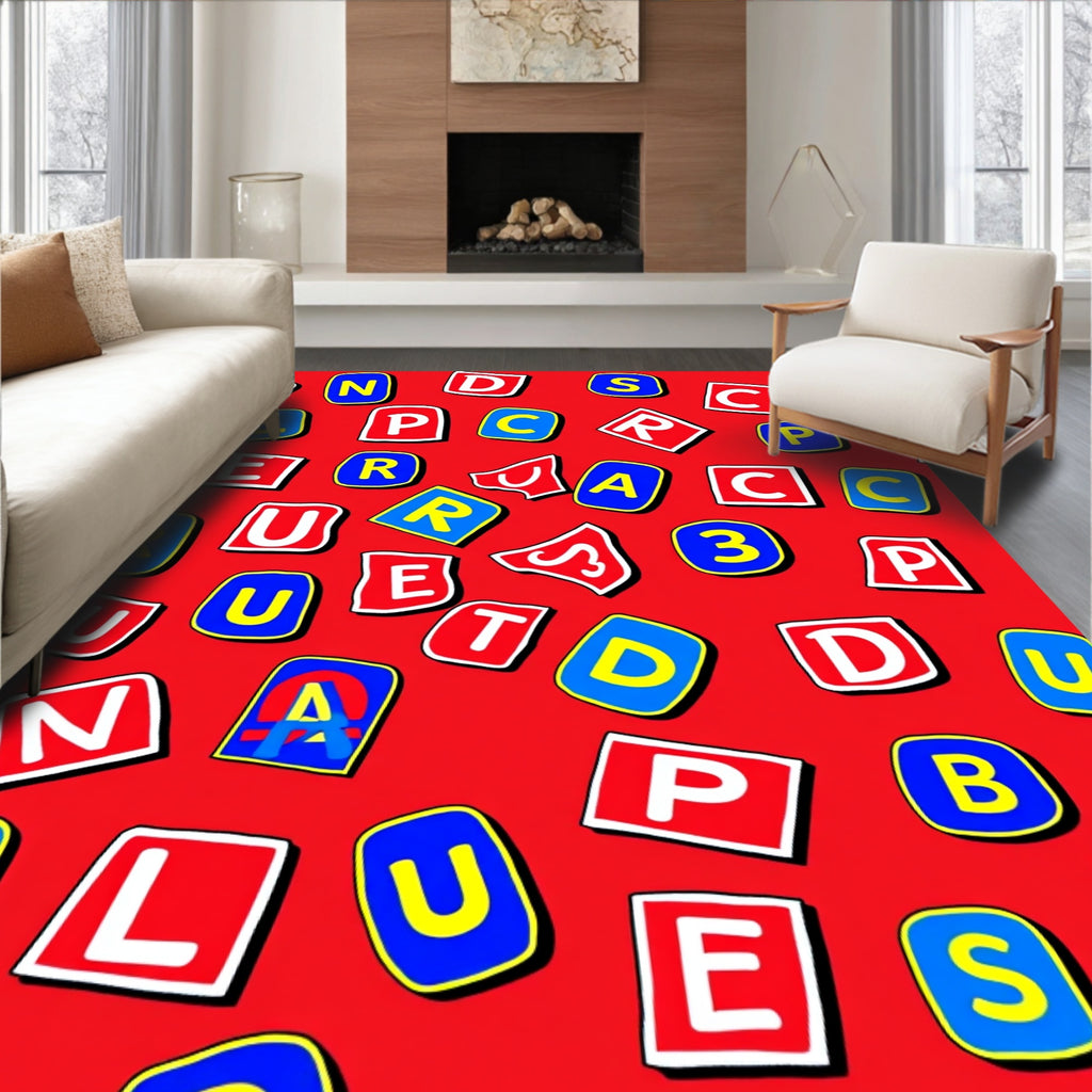 Bright Red Alphabet Squares Collage Rug