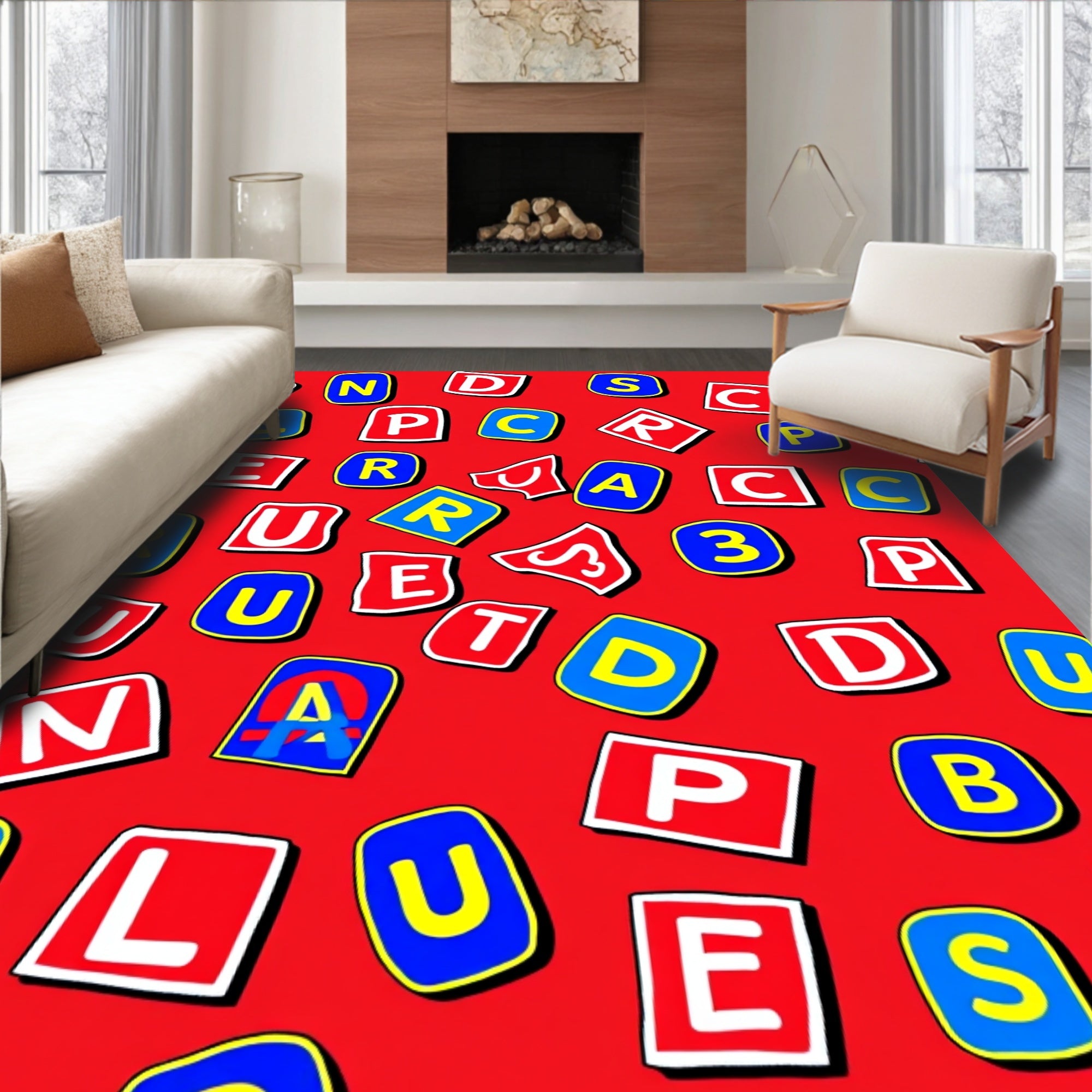 Bright Red Alphabet Squares Collage Rug