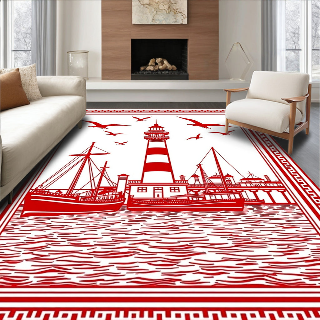 Red Nautical Lighthouse Sailboat Seagull Scene Rug