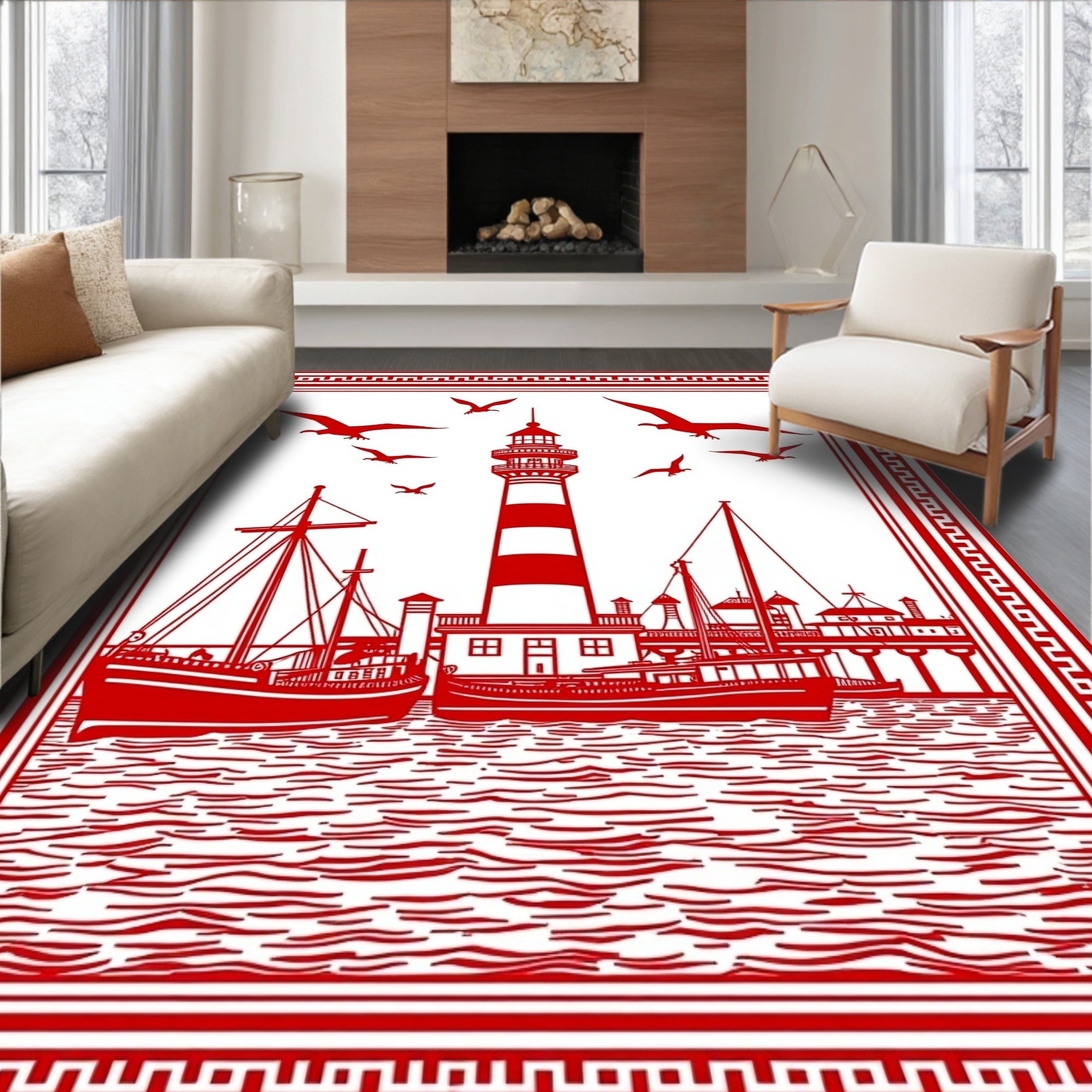 Red Nautical Lighthouse Sailboat Seagull Scene Rug