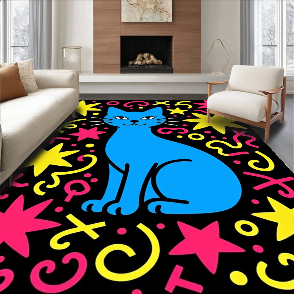 Jazzy Blue Cat Sparkle Stars Rug