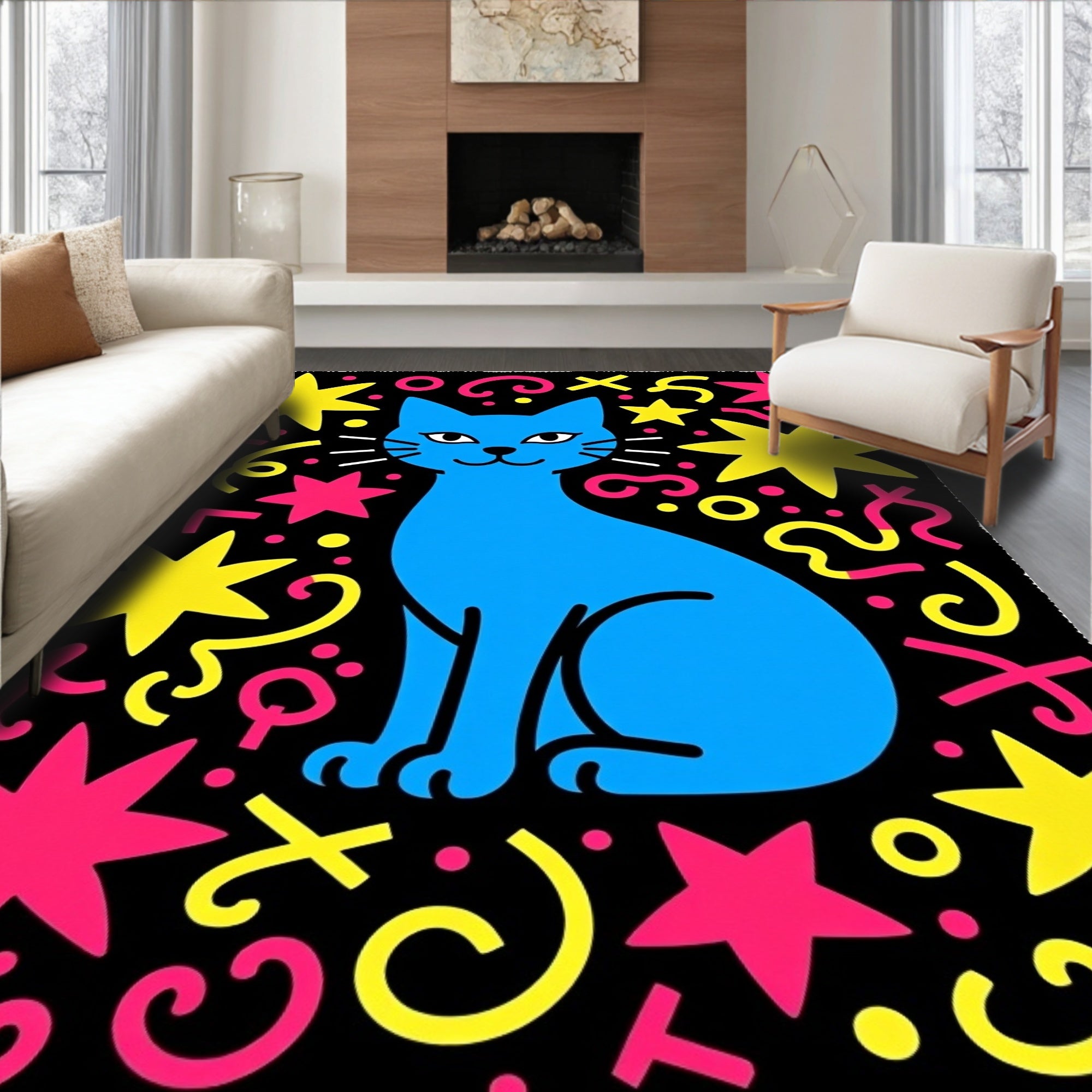 Jazzy Blue Cat Sparkle Stars Rug