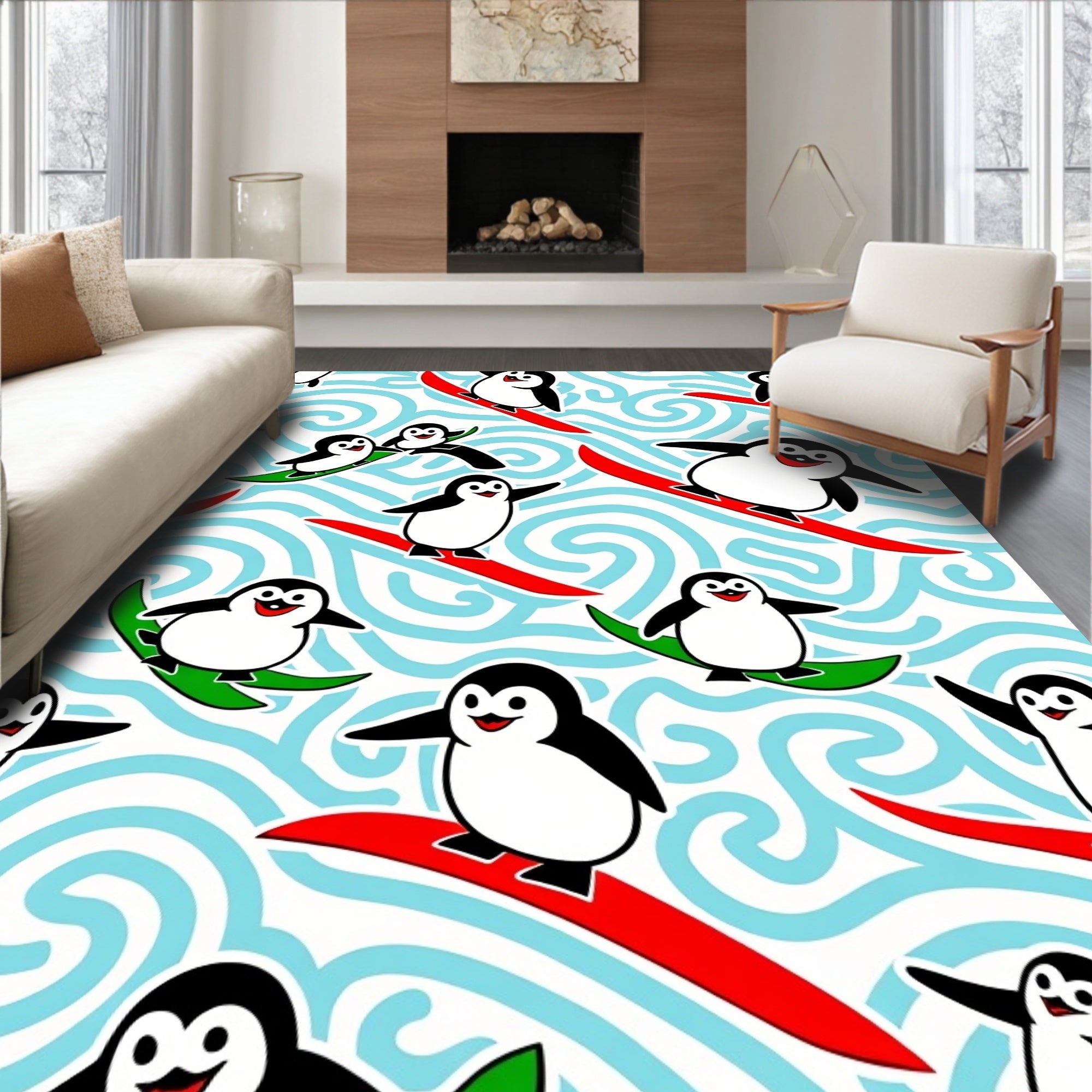 Whimsical Penguins Snowboarding Fun Rug