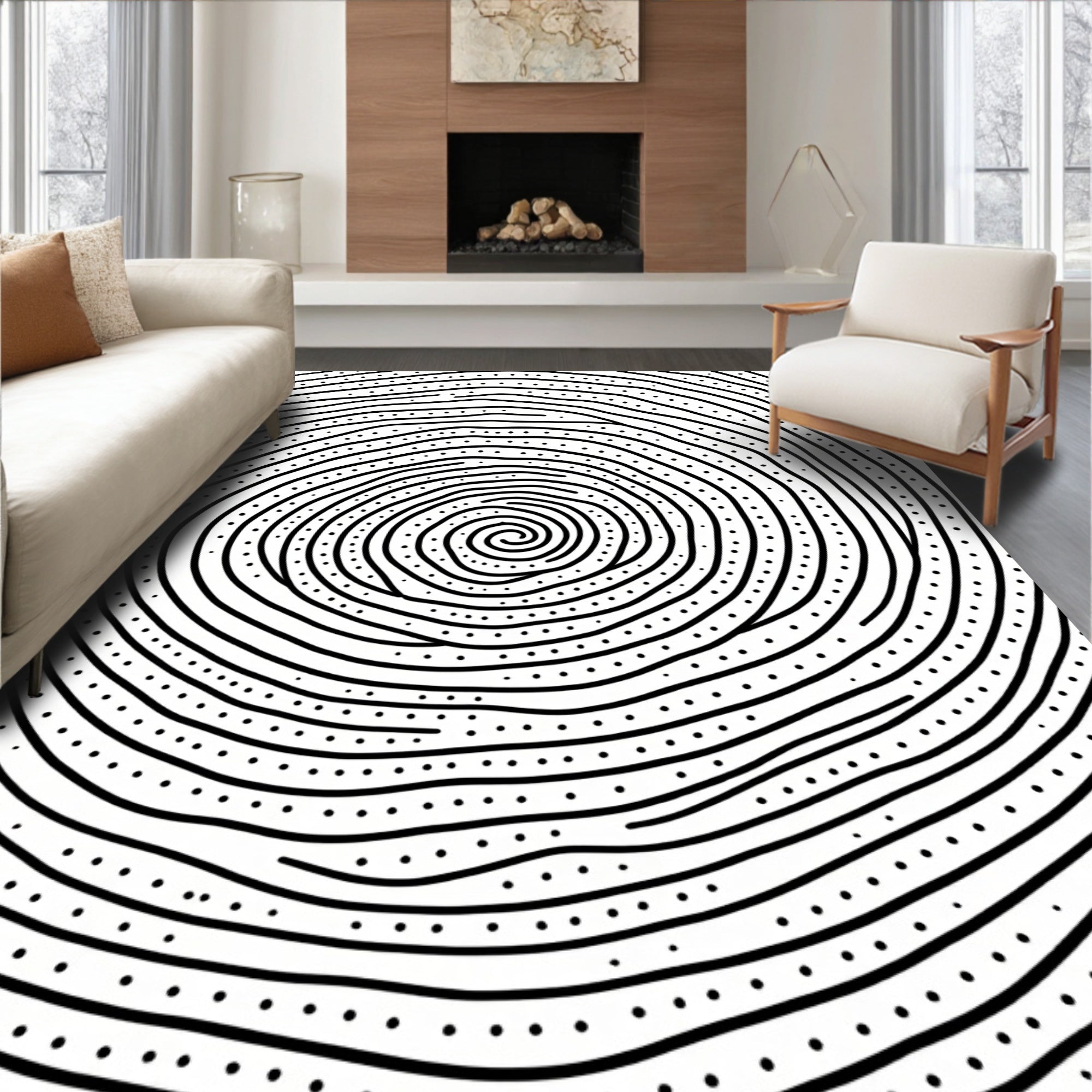 Black White Swirling Lines Dots Rug