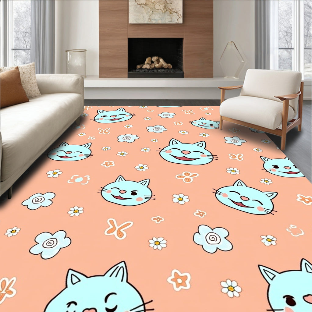 Light Orange Kawaii Cat Flower Meadow Rug