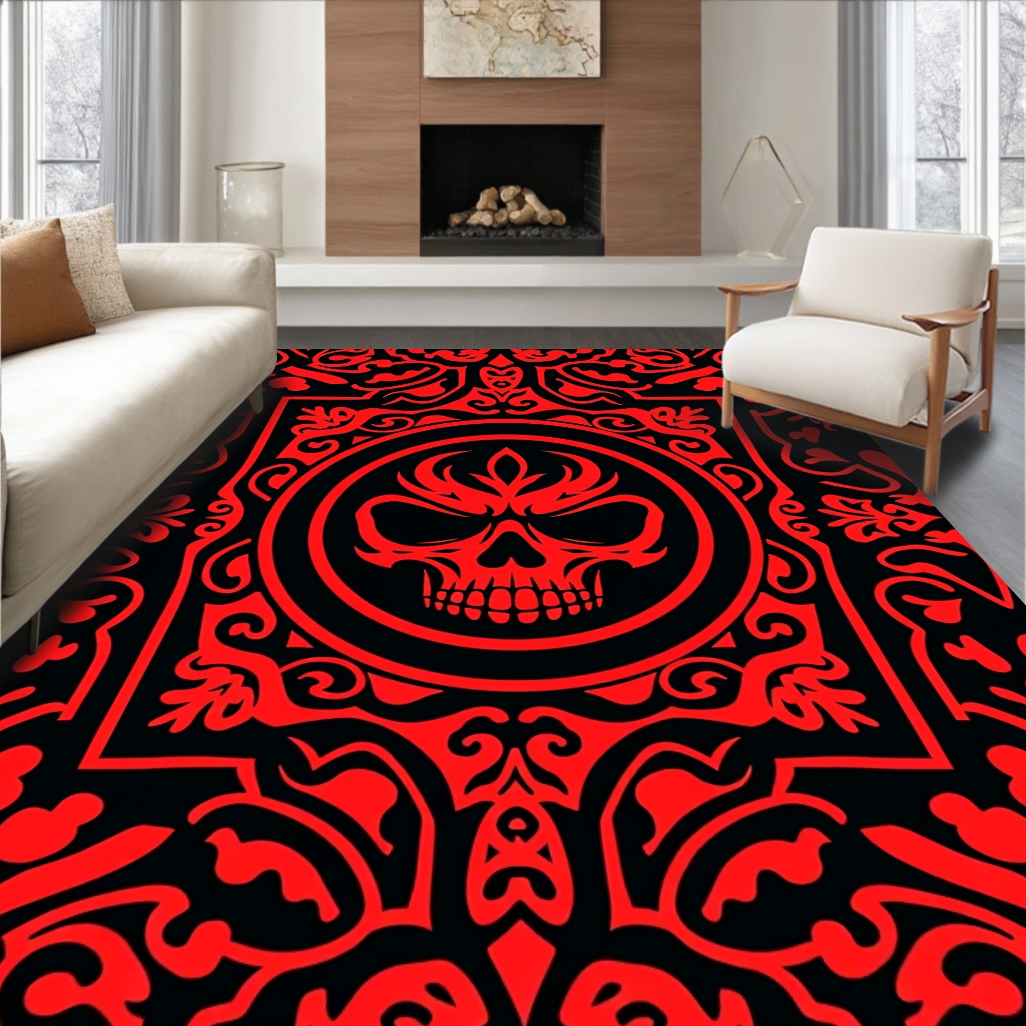 Scarlet Skull Medallion Tribal Rug