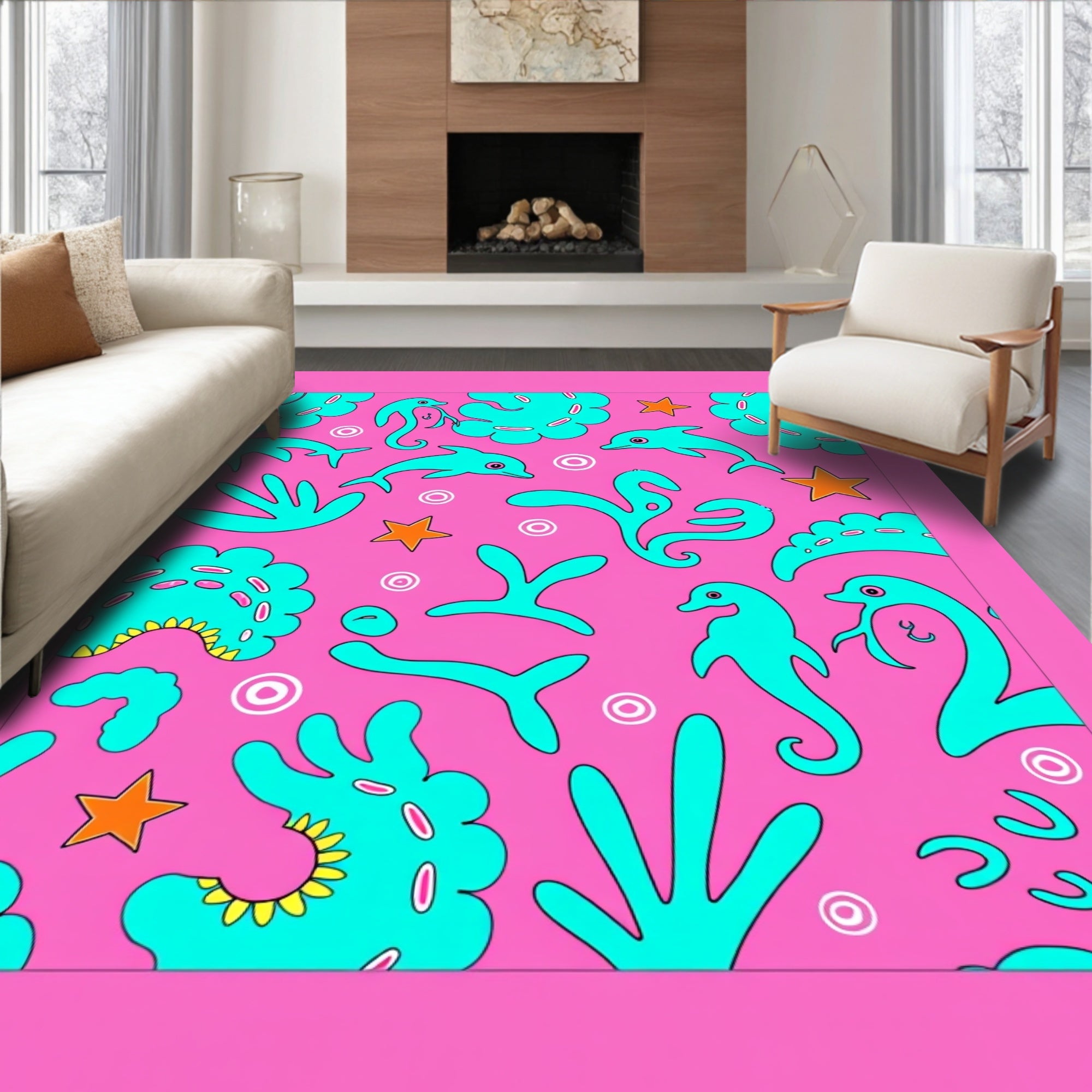 Whimsical Pink Turquoise Ocean Life Rug