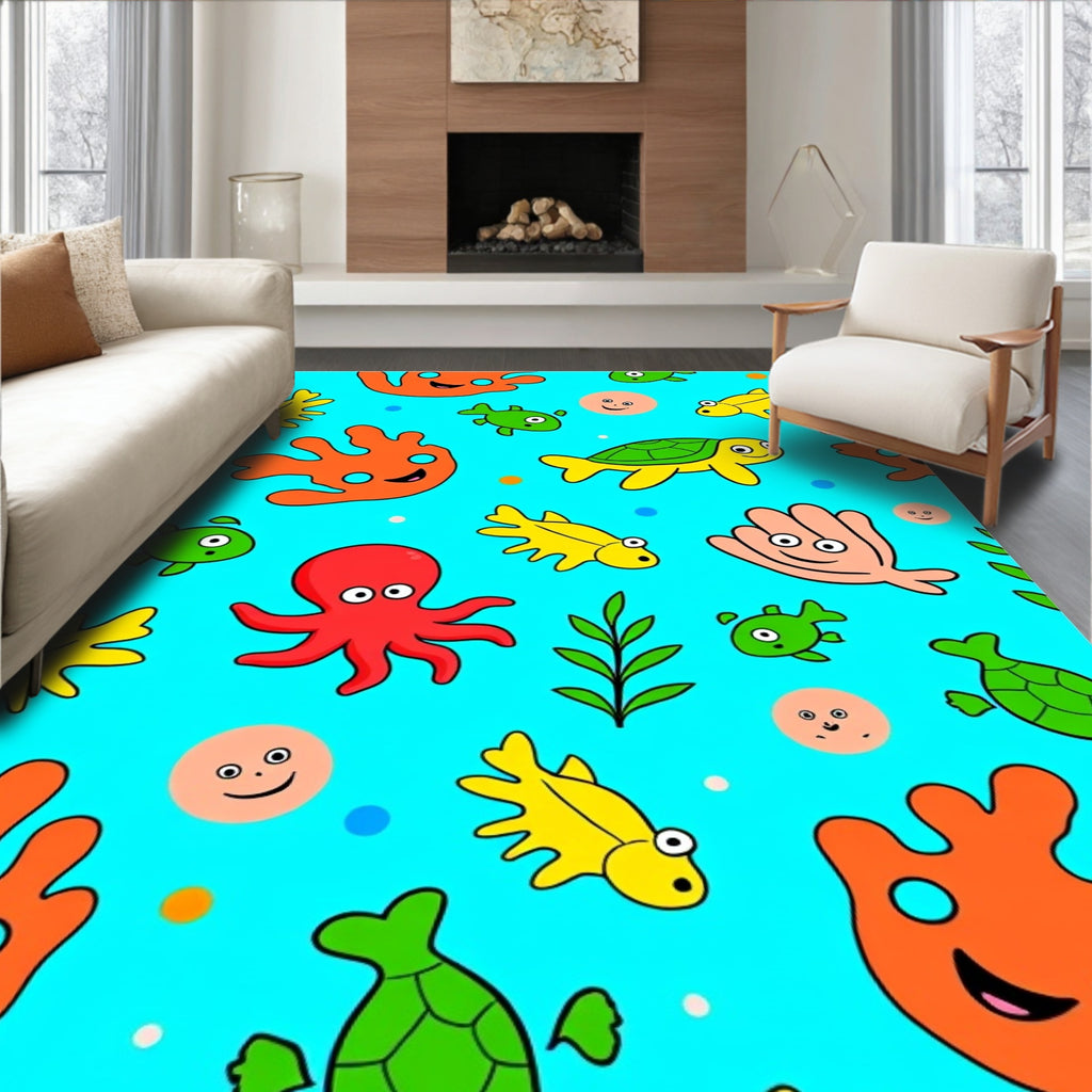 Cute Underwater Friends Coral Fish Turtle Rug