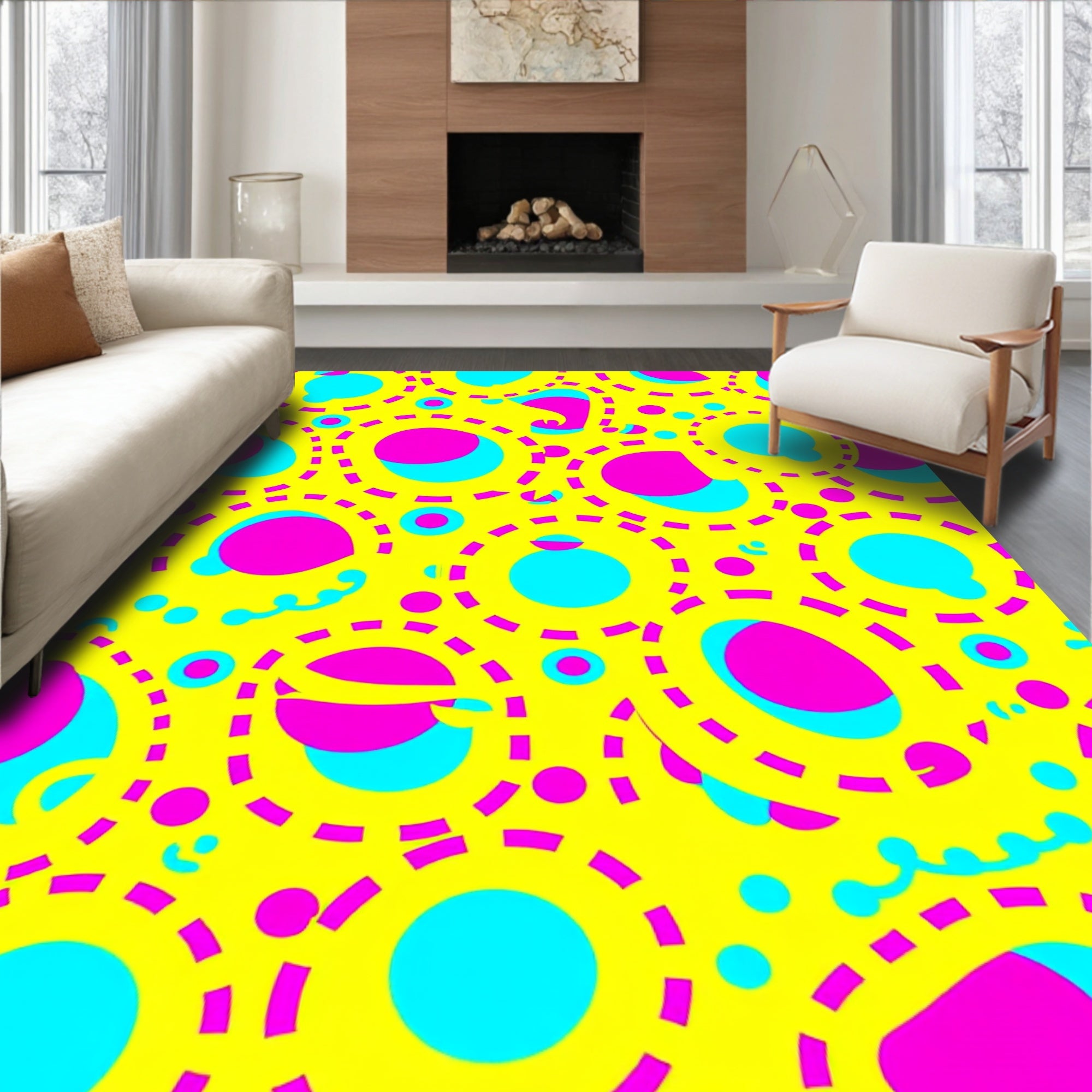 Bright Yellow Pink Blue Circles Rug