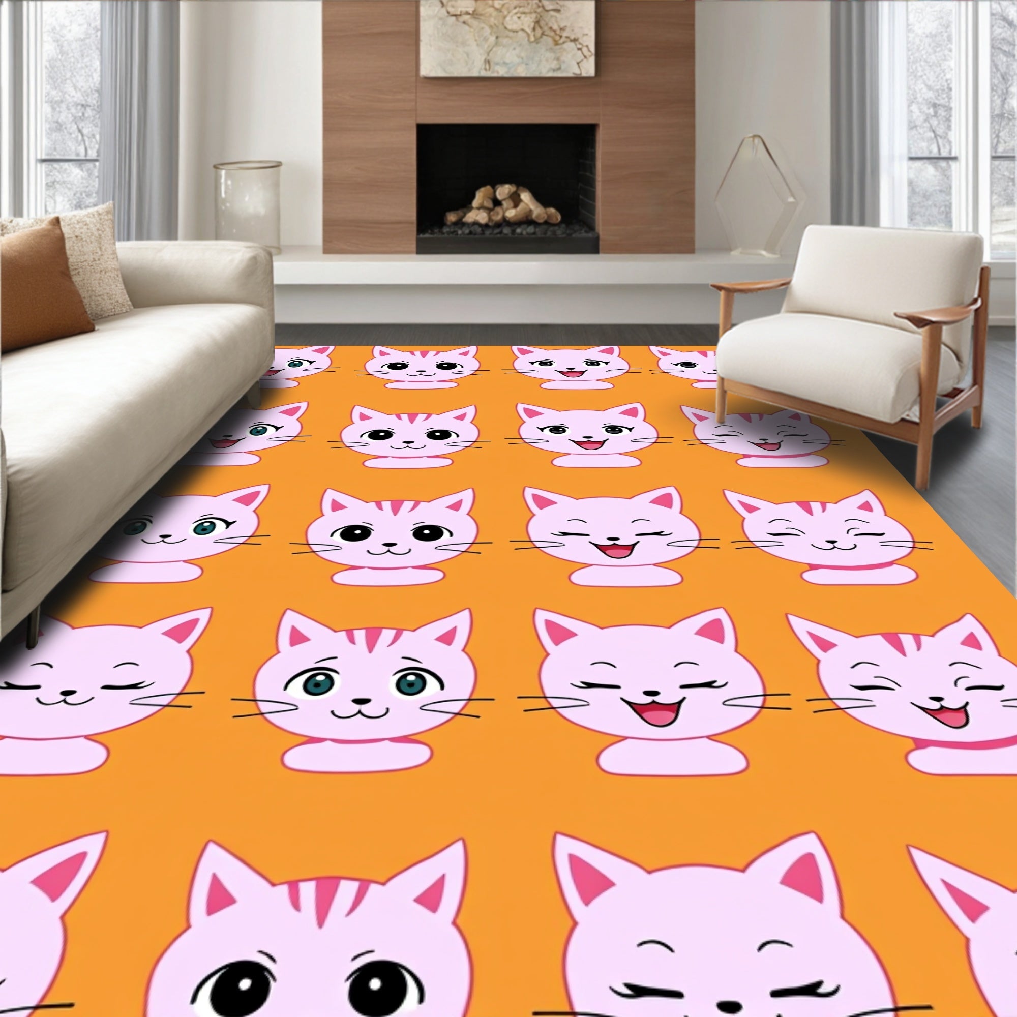 Pink Kitten Faces All Over Print Rug