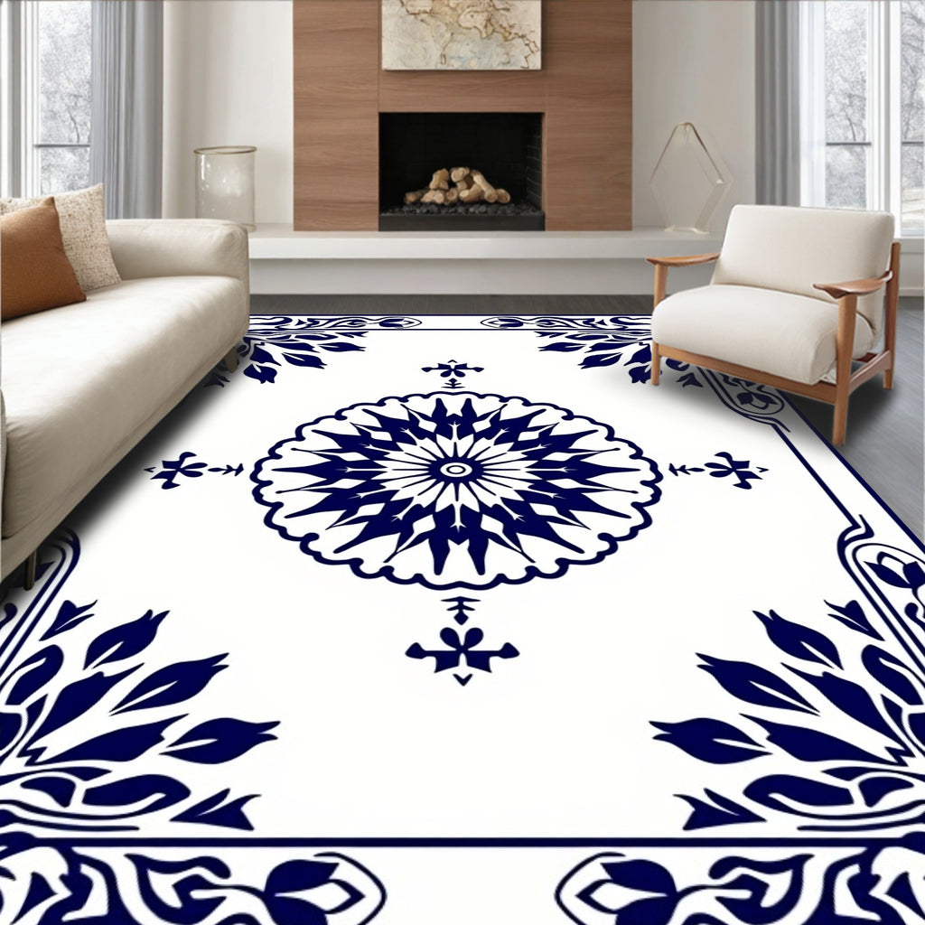 Traditional Navy Floral Medallion Border Rug