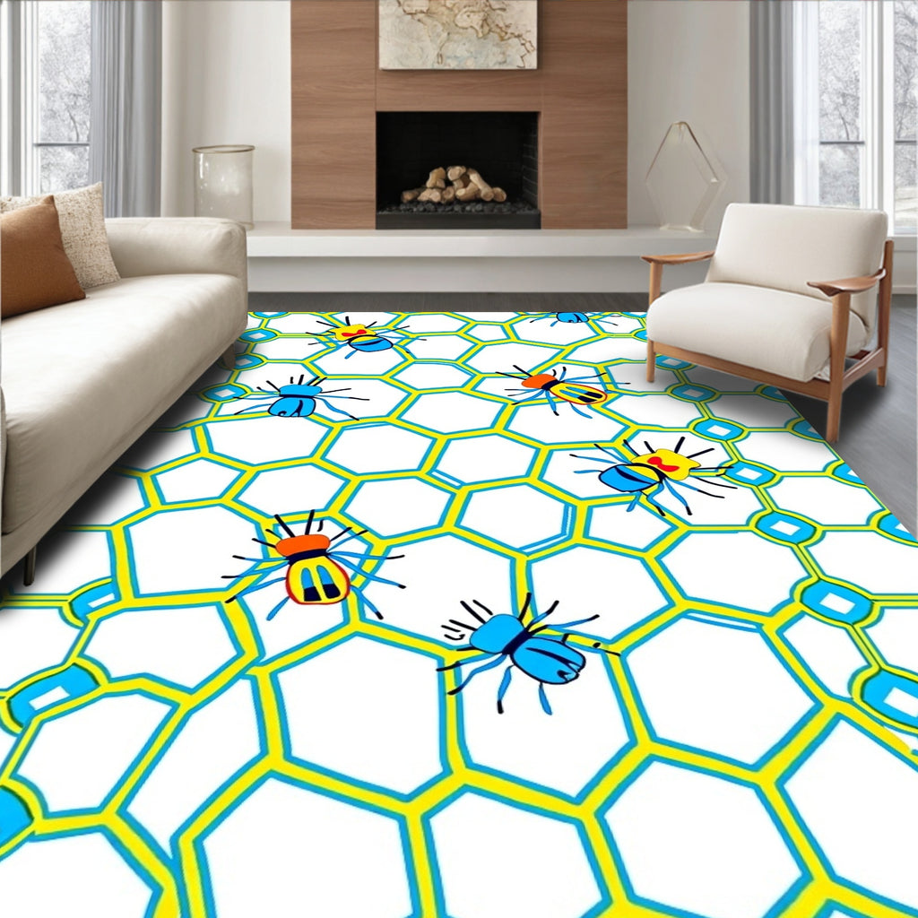 Bright Yellow Geometric Bee Collage Rug