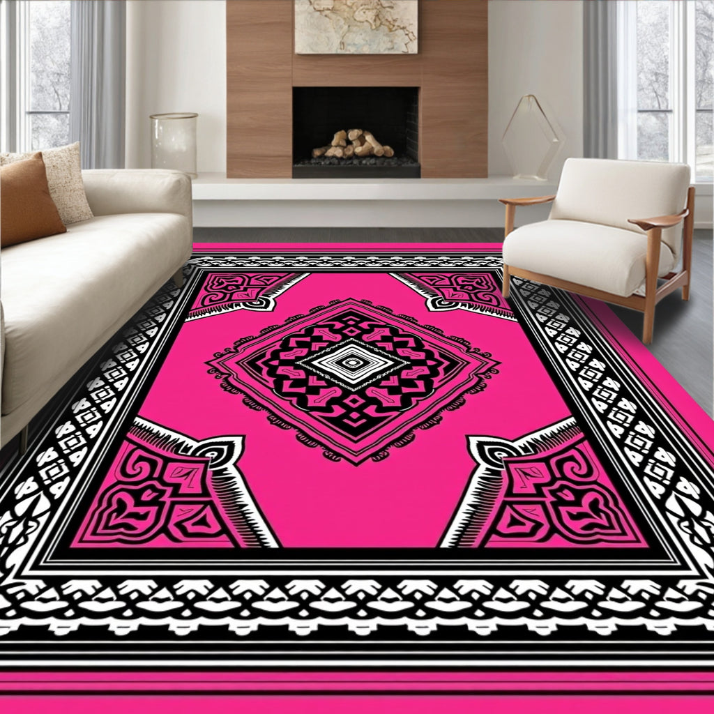 Vibrant Pink Black White Geometric Rug