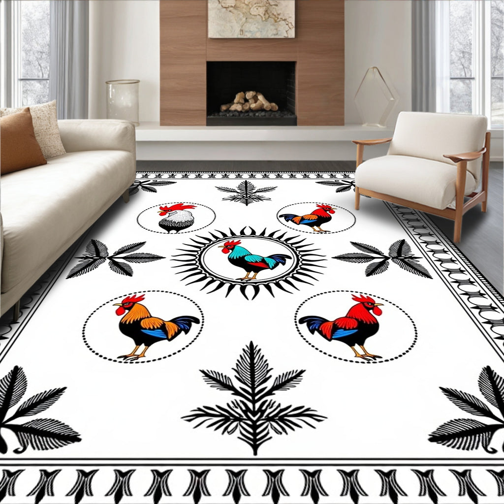Rooster Circular Frame Black Border Rug