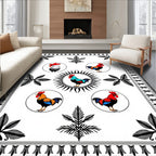Rooster Circular Frame Black Border Rug