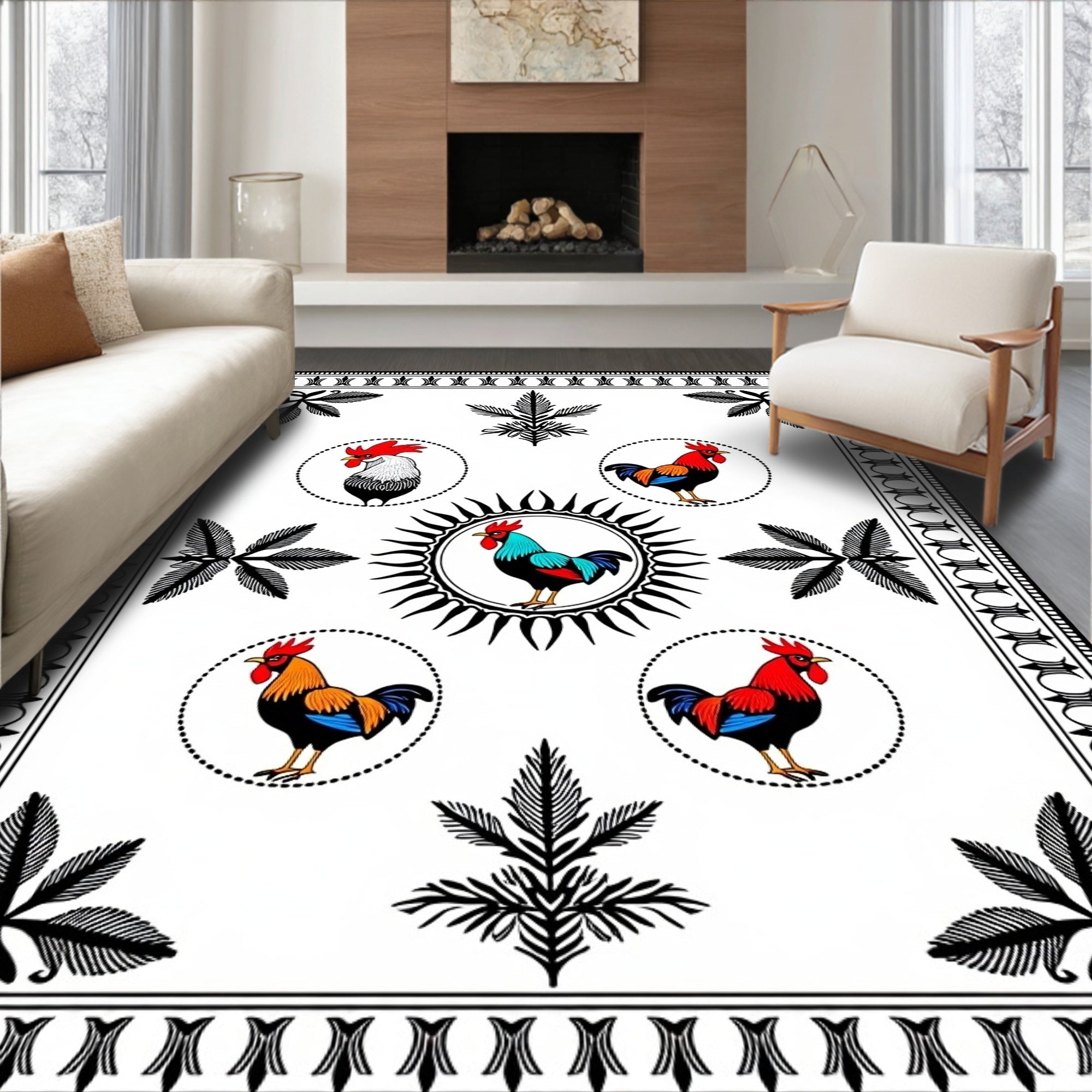 Rooster Circular Frame Black Border Rug