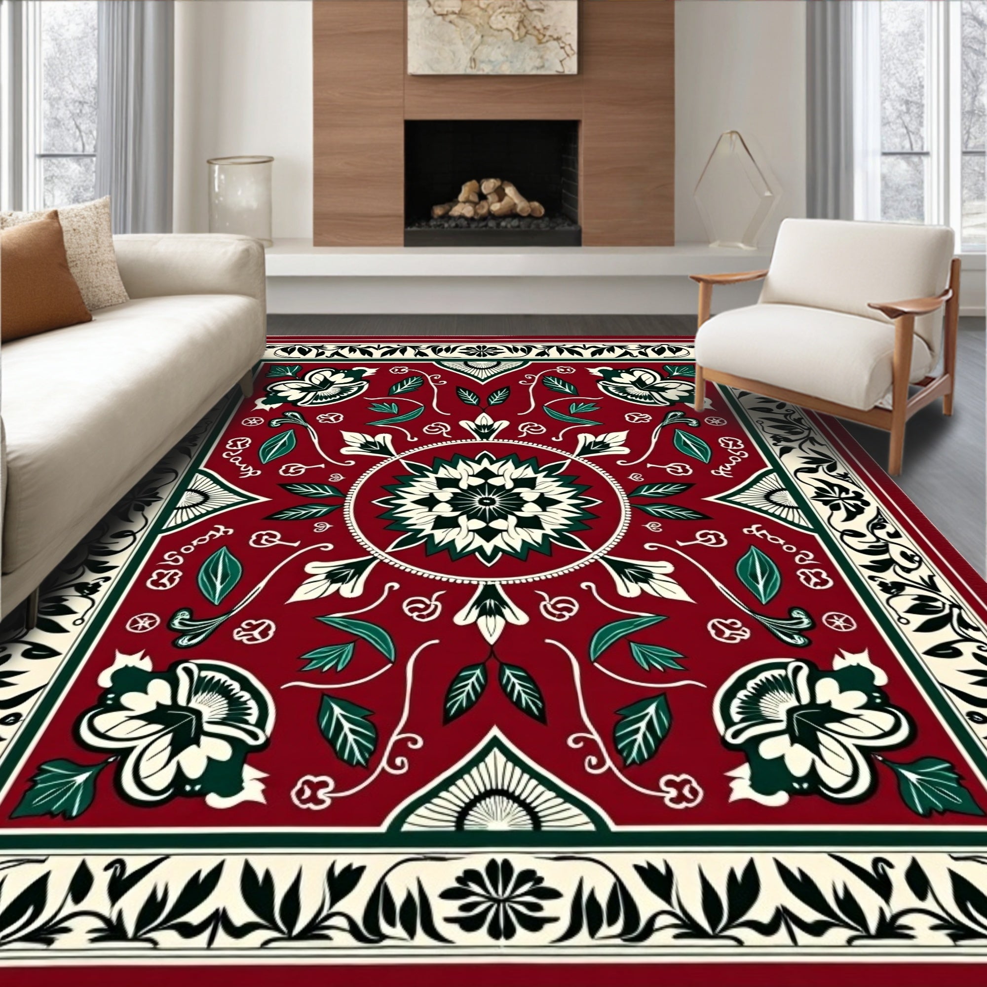 Deep Red Floral Vine Medallion Rug