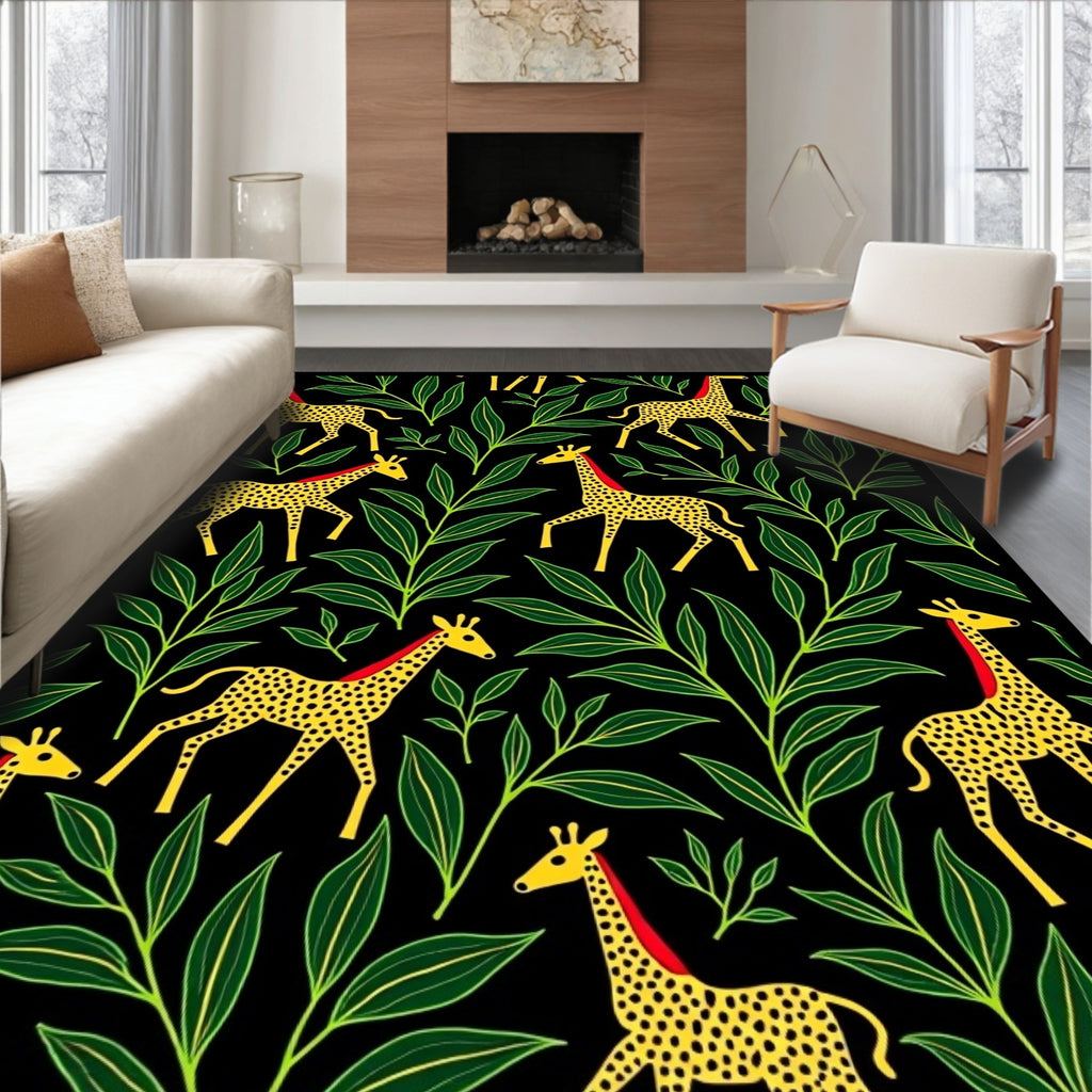 Yellow Giraffe Green Leaf Black Background Rug