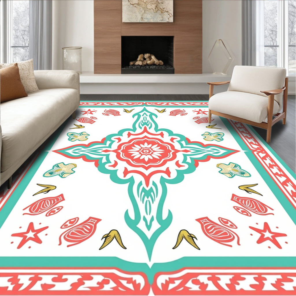 Coral Teal Floral Starburst Medallion Rug