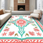 Coral Teal Floral Starburst Medallion Rug