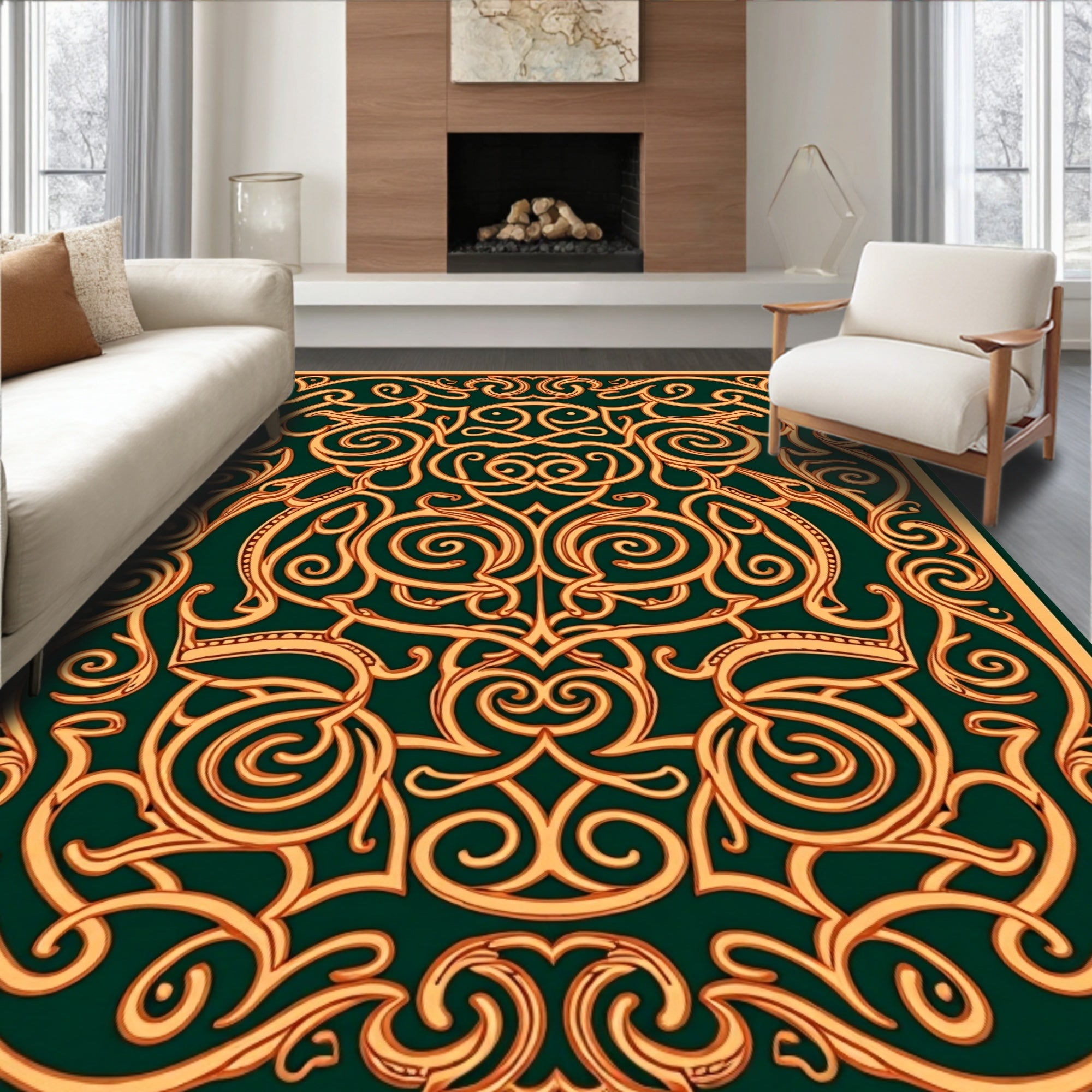 Emerald Green Ornate Swirls Rug