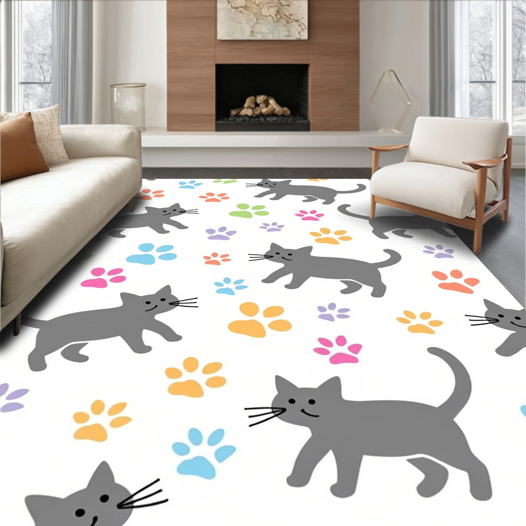 Gray Cats And Colorful Paws Rug
