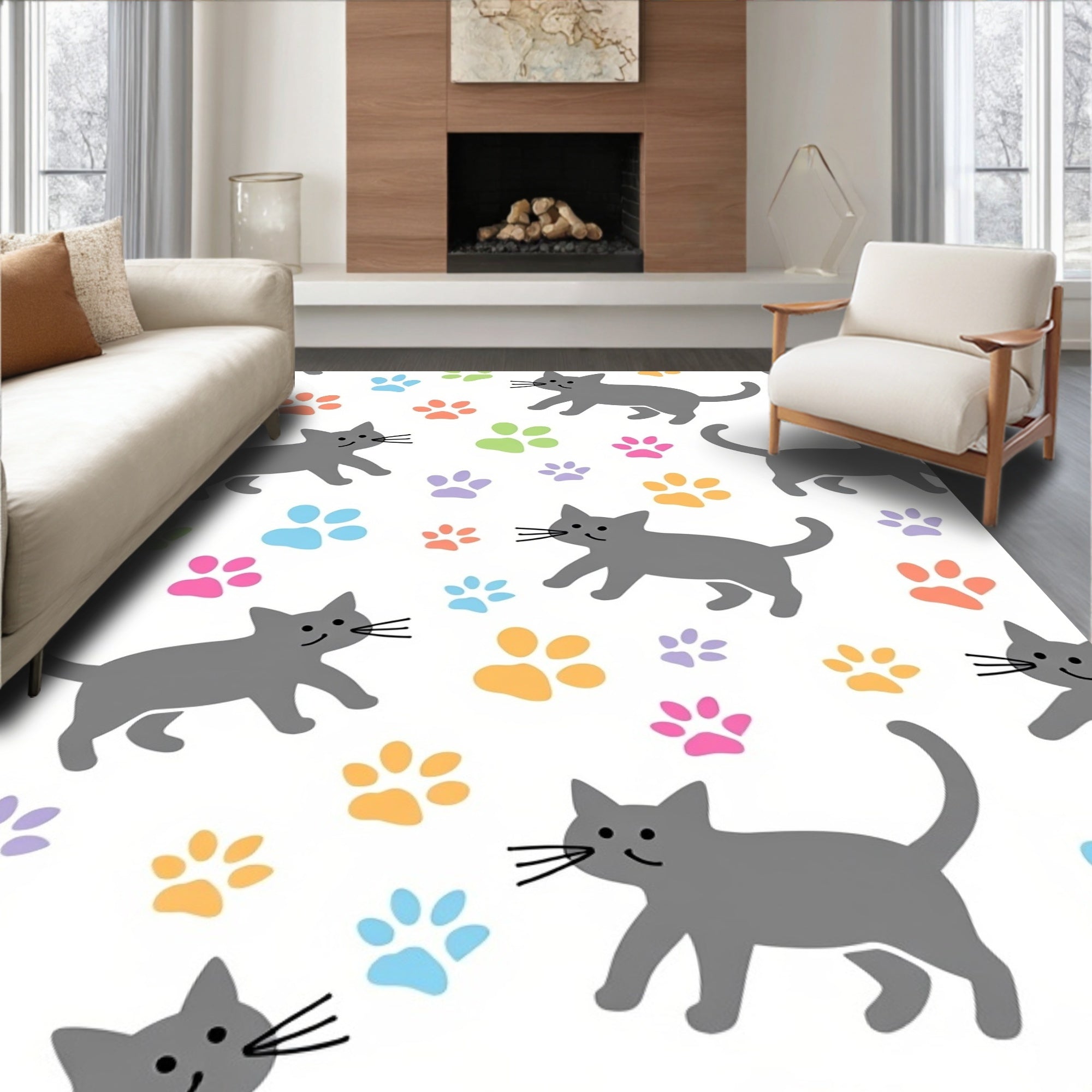 Gray Cats And Colorful Paws Rug
