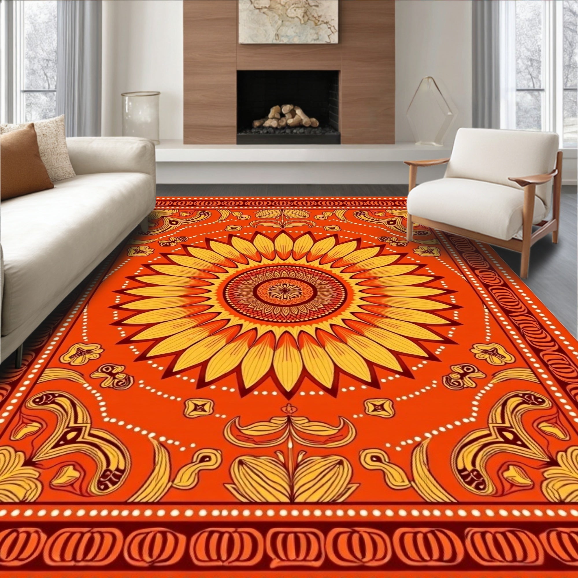 Warm Orange Sunflower Medallion Border Rug