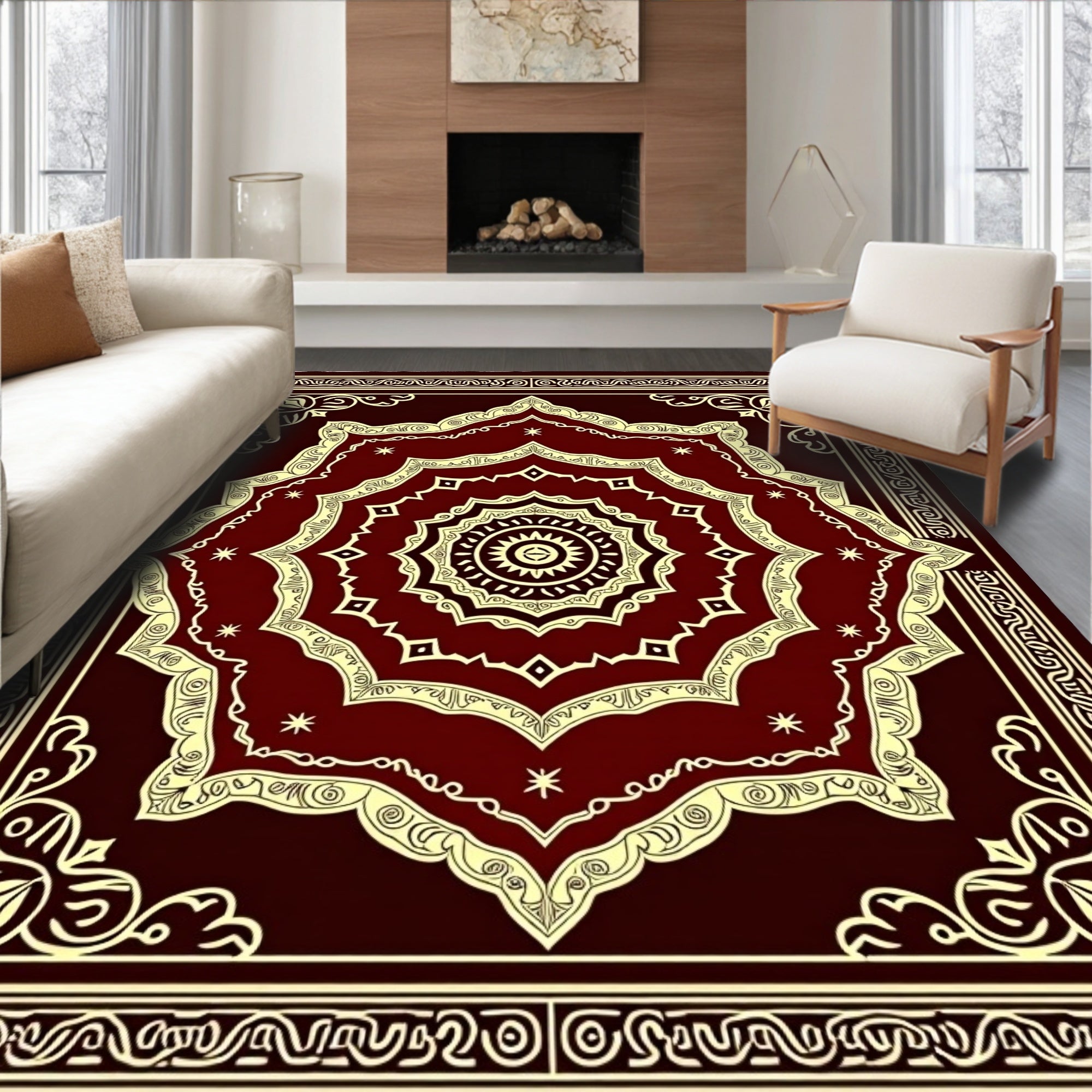 Crimson Golden Sunburst Medallion Rug
