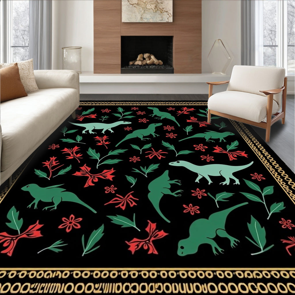 Durable Dinosaurs Red Floral Black Rug