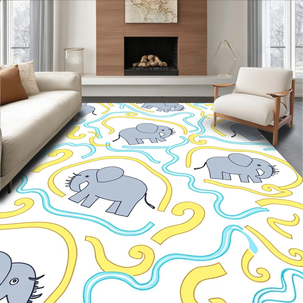 Gray Elephants And Yellow Blue Swirls Rug