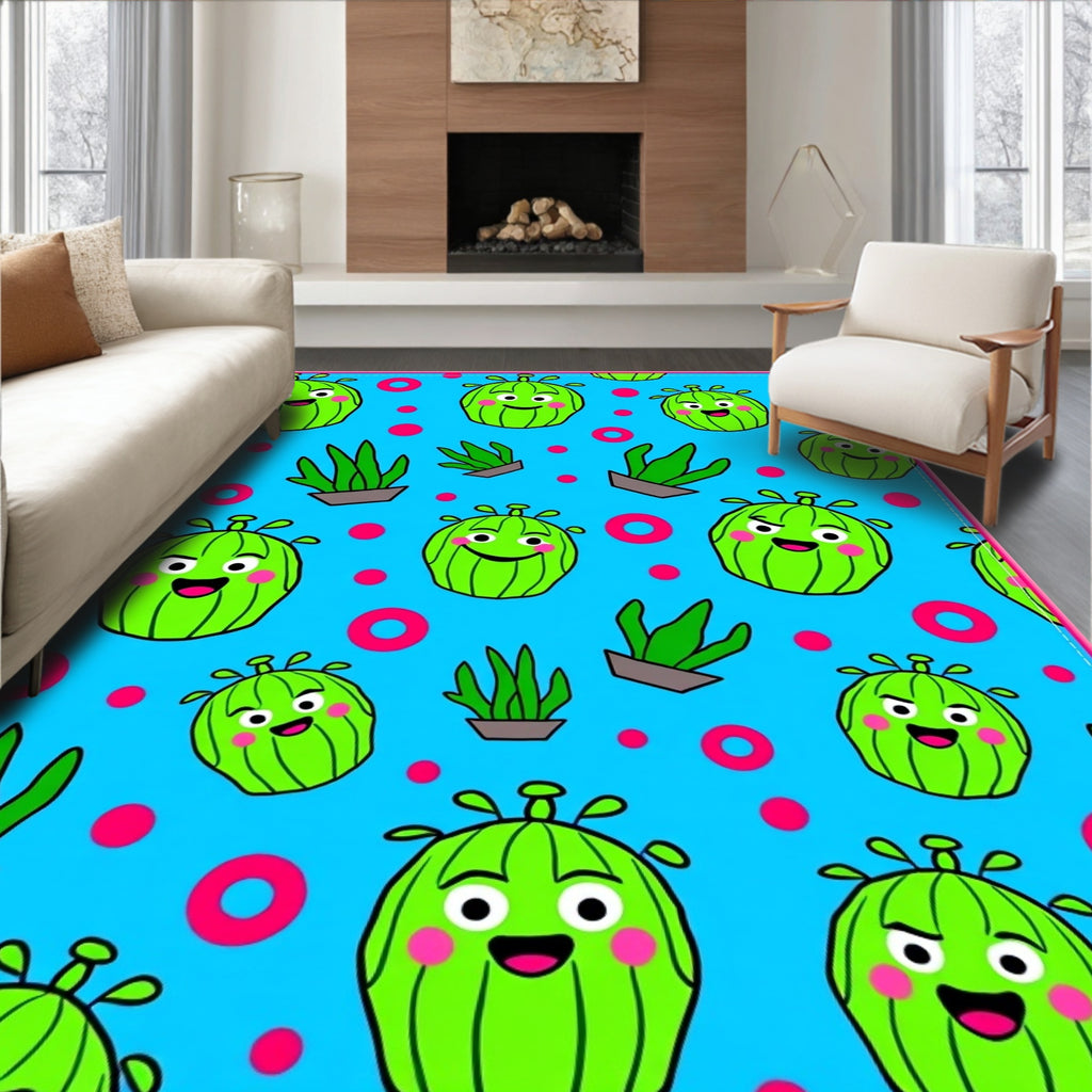 Cute Green Cactus Characters Pink Circles Rug