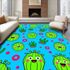 Cute Green Cactus Characters Pink Circles Rug